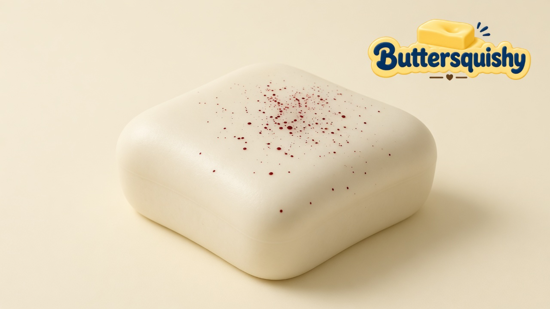 One cream rounded-square Bread Toast Loaf with a burgundy-red speckle spray on a light-yellow cream studio, Buttersquishy logo in the upper right