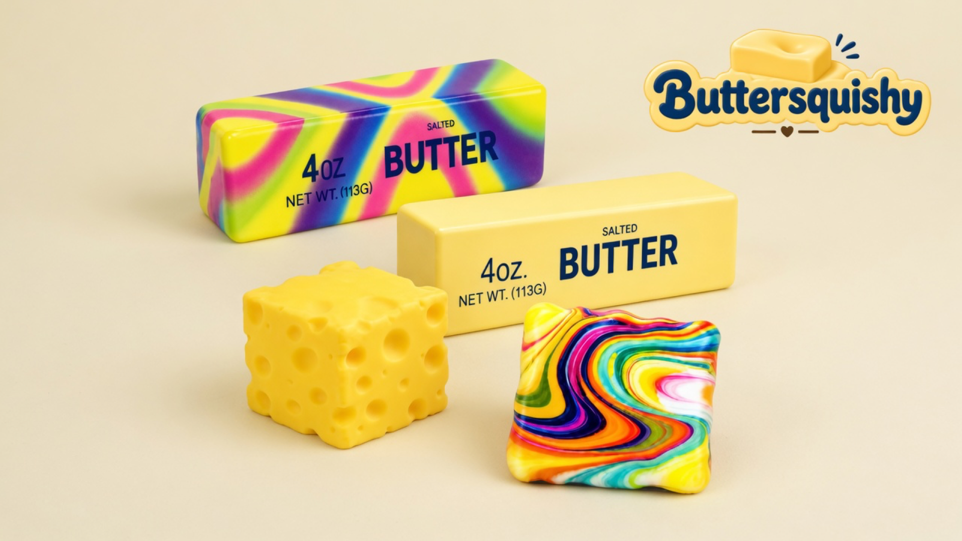Four mixed Cheese Cube Loaf pieces — a rainbow swirl stick, a pale-yellow SALTED BUTTER stick, a Swiss-hole cube, and a rainbow swirl block — on a light-yellow cream studio, Buttersquishy logo in the upper right