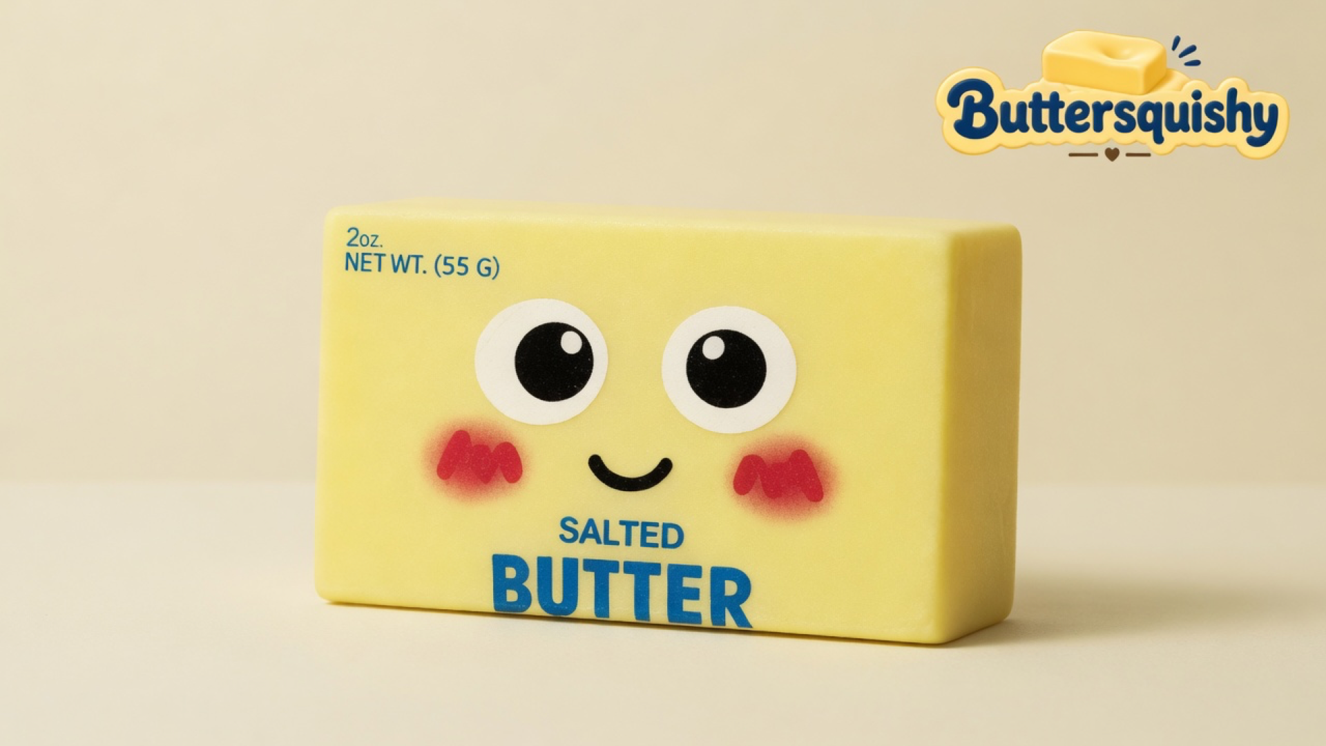 Pale yellow Face Cube Butter loaf with cartoon eyes, blush, and SALTED BUTTER print on a light-yellow cream studio, Buttersquishy logo in the upper right
