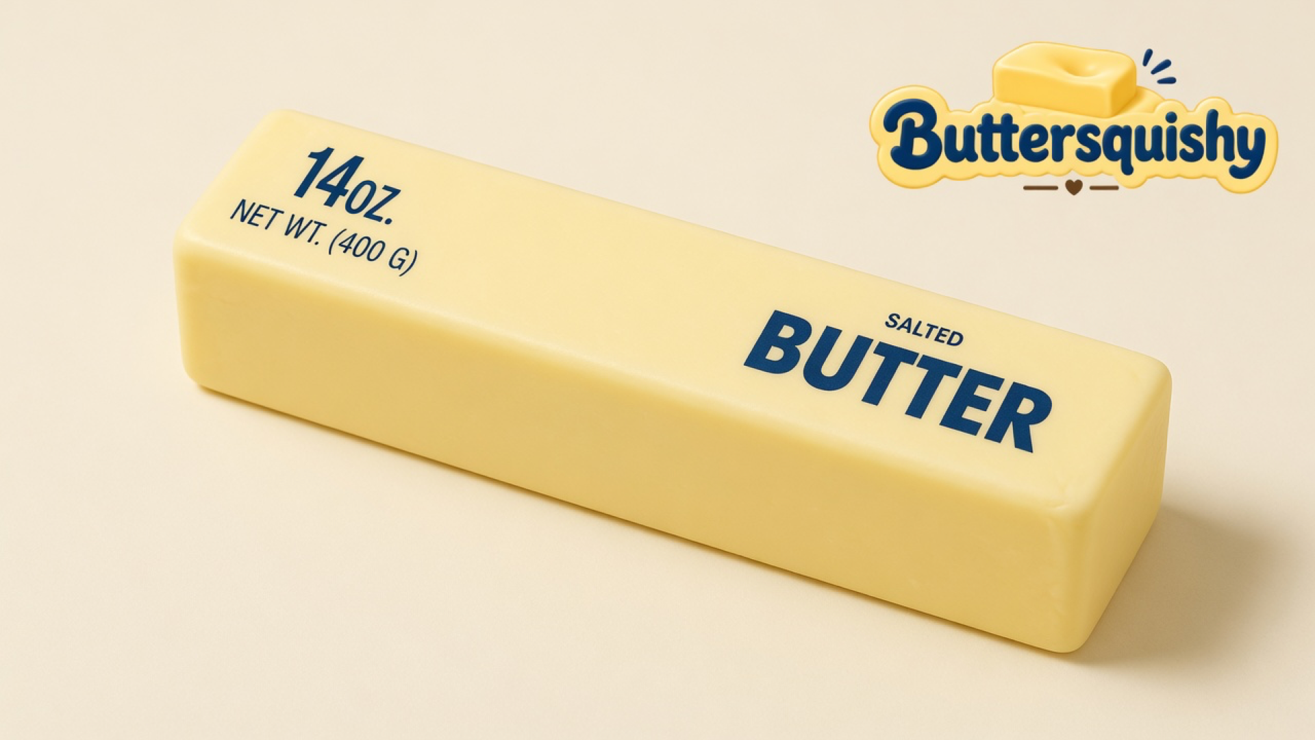 One pale-yellow Jumbo Butter Loaf 14oz bar with navy 14OZ and SALTED BUTTER type, cream studio, brand mark at top right