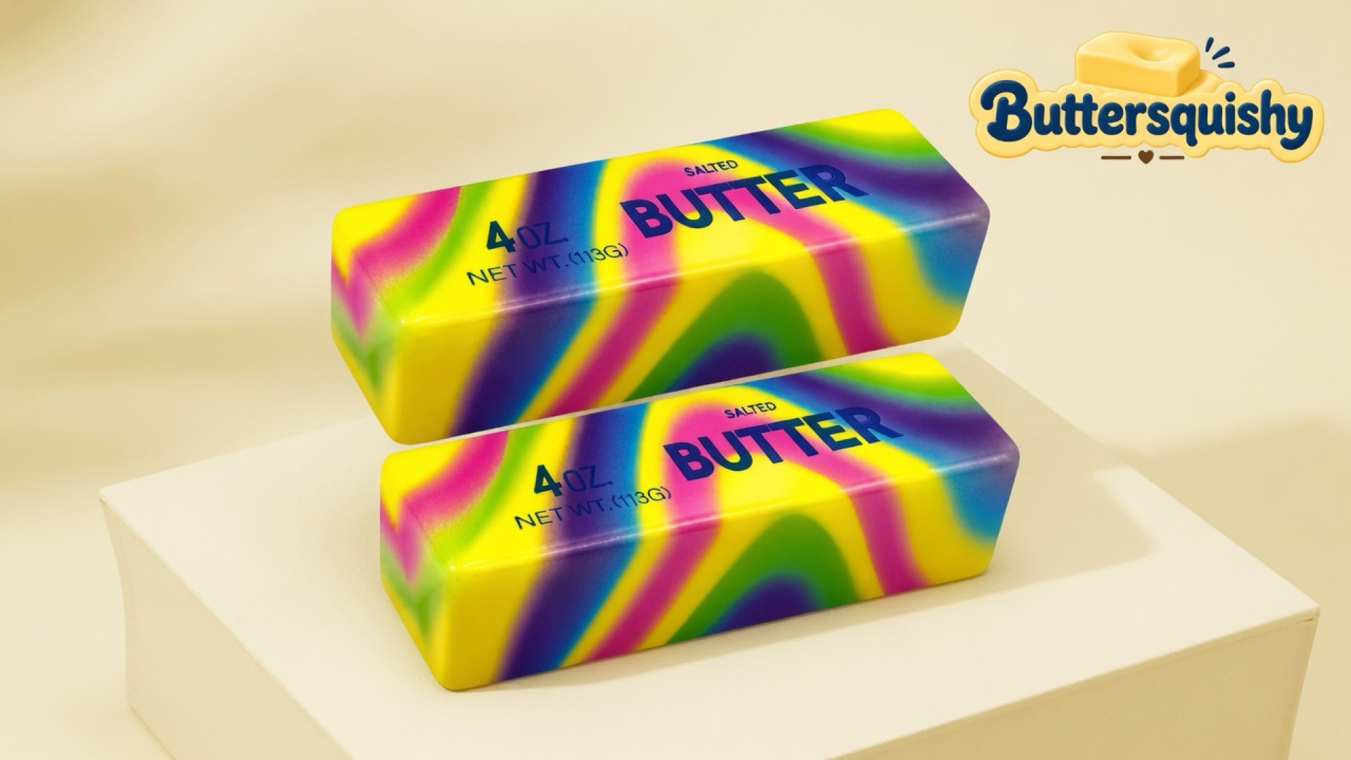 Two neon-yellow butter sticks with magenta, lime, and violet swirls, navy SALTED BUTTER type, cream studio, Buttersquishy logo in the upper right