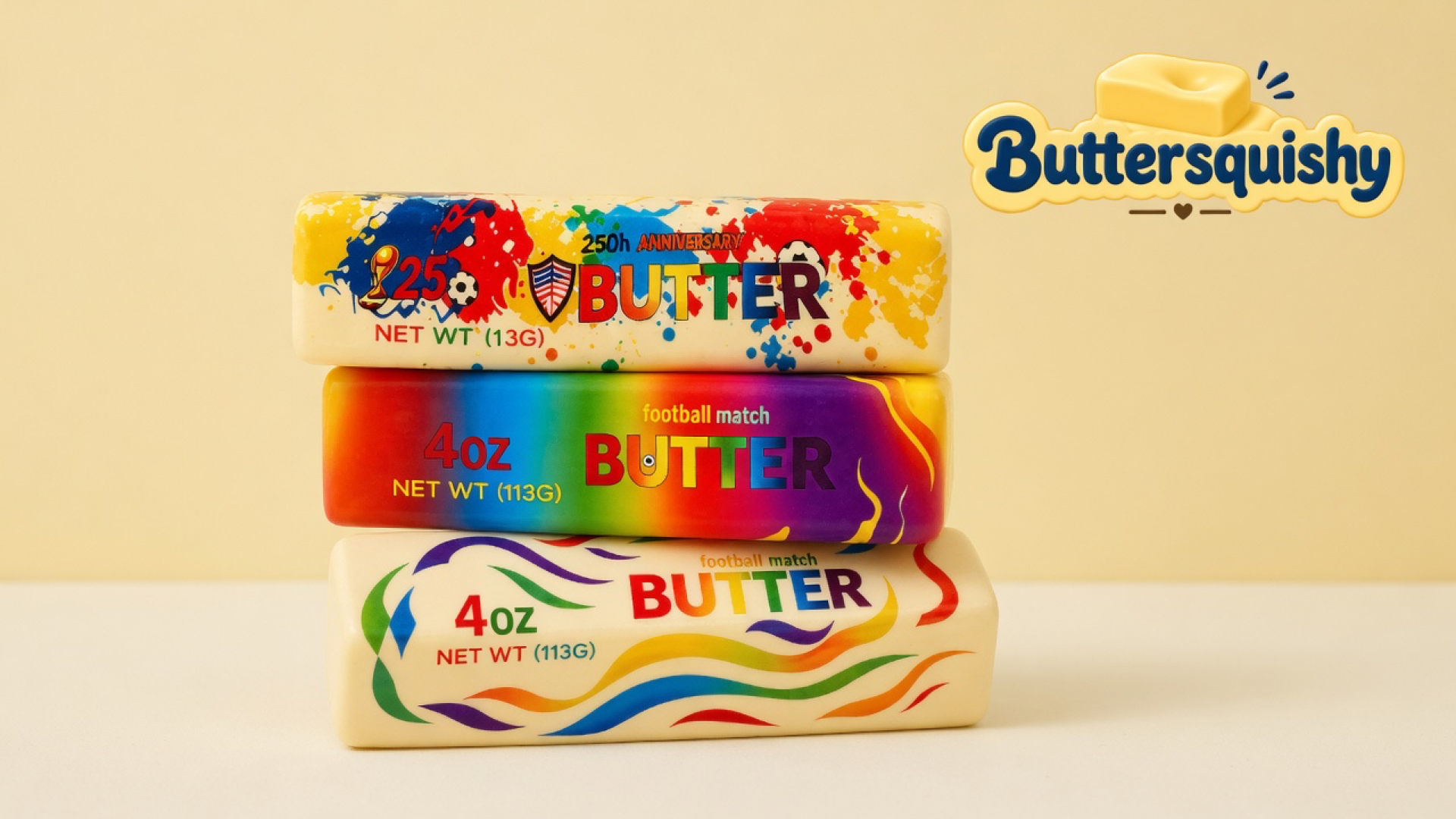 Three Splash Marble Butter sticks — paint-splash, rainbow gradient, and ribbon-wave — stacked on a light-yellow cream studio surface, Buttersquishy logo in the upper right