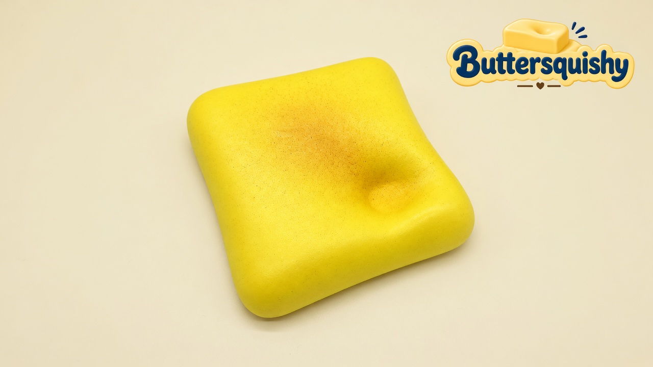 One yellow square Bread Toast Loaf with a golden toasted blush and an oval thumb well on a light-yellow cream studio, Buttersquishy logo in the upper right