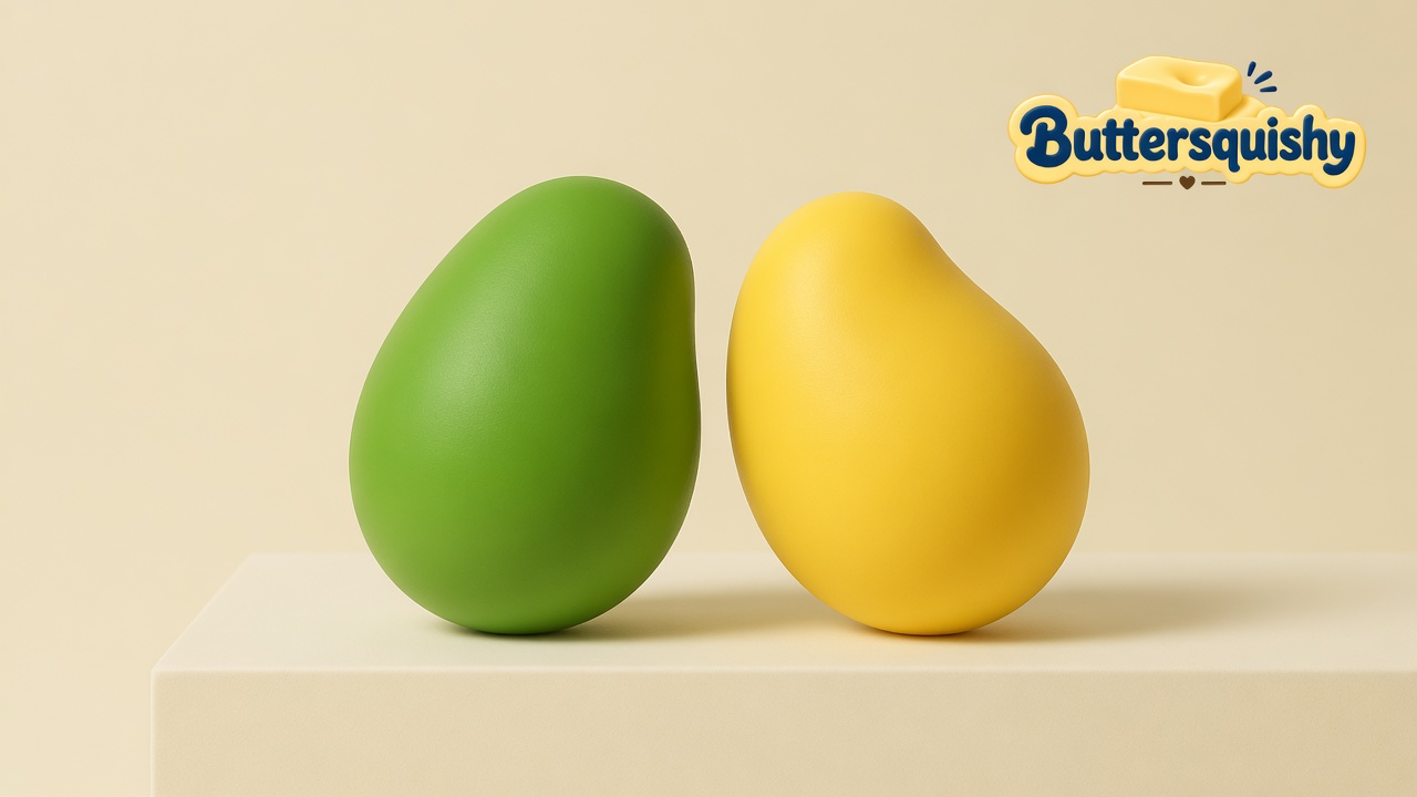 A leaf-green oval mango toy and a butter-yellow teardrop mango toy on a light-yellow cream studio block, Buttersquishy logo in the upper right