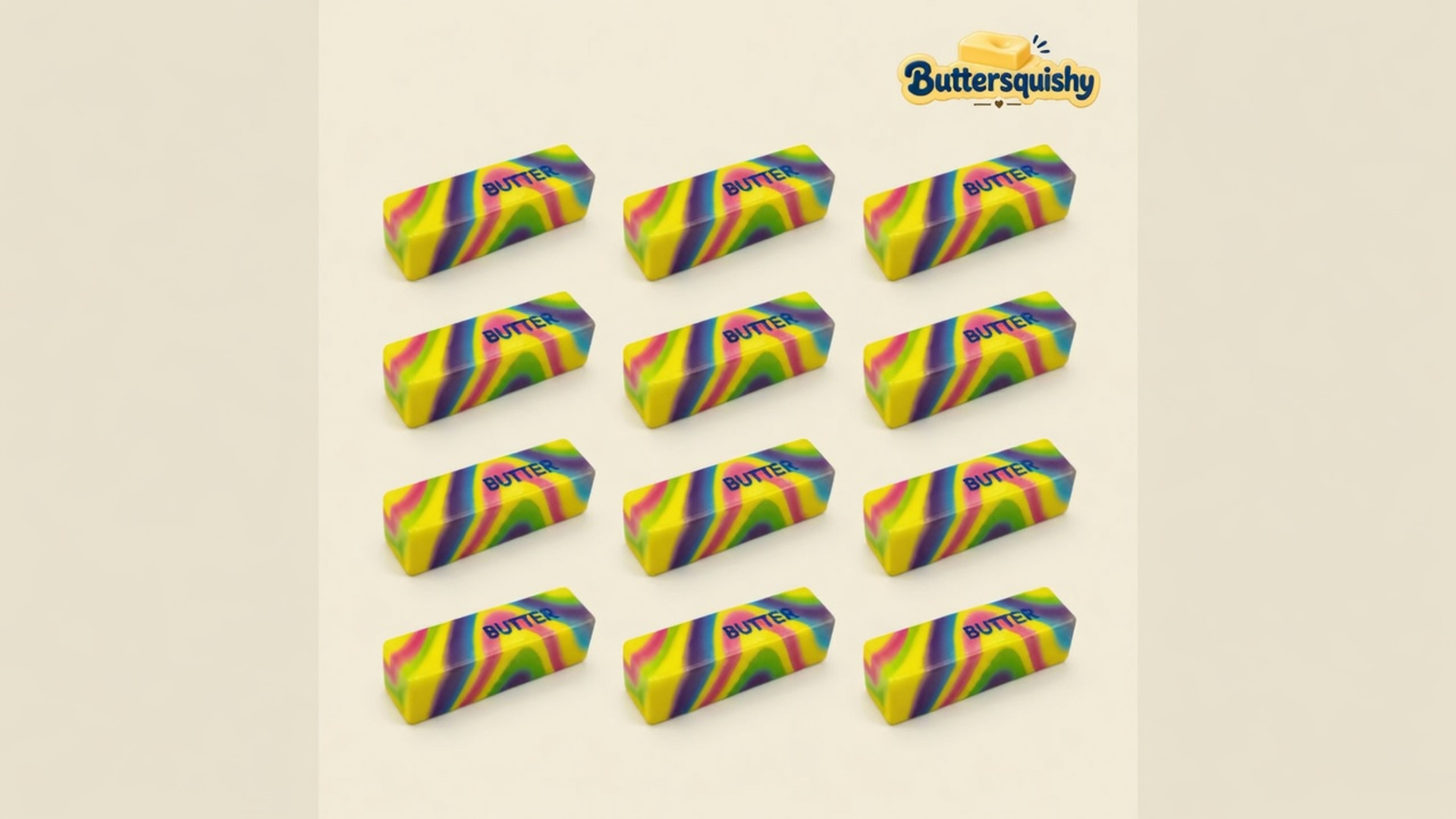 Twelve lemon-yellow neon-swirl butter sticks printed BUTTER on a light-yellow cream studio, Buttersquishy logo in the upper right