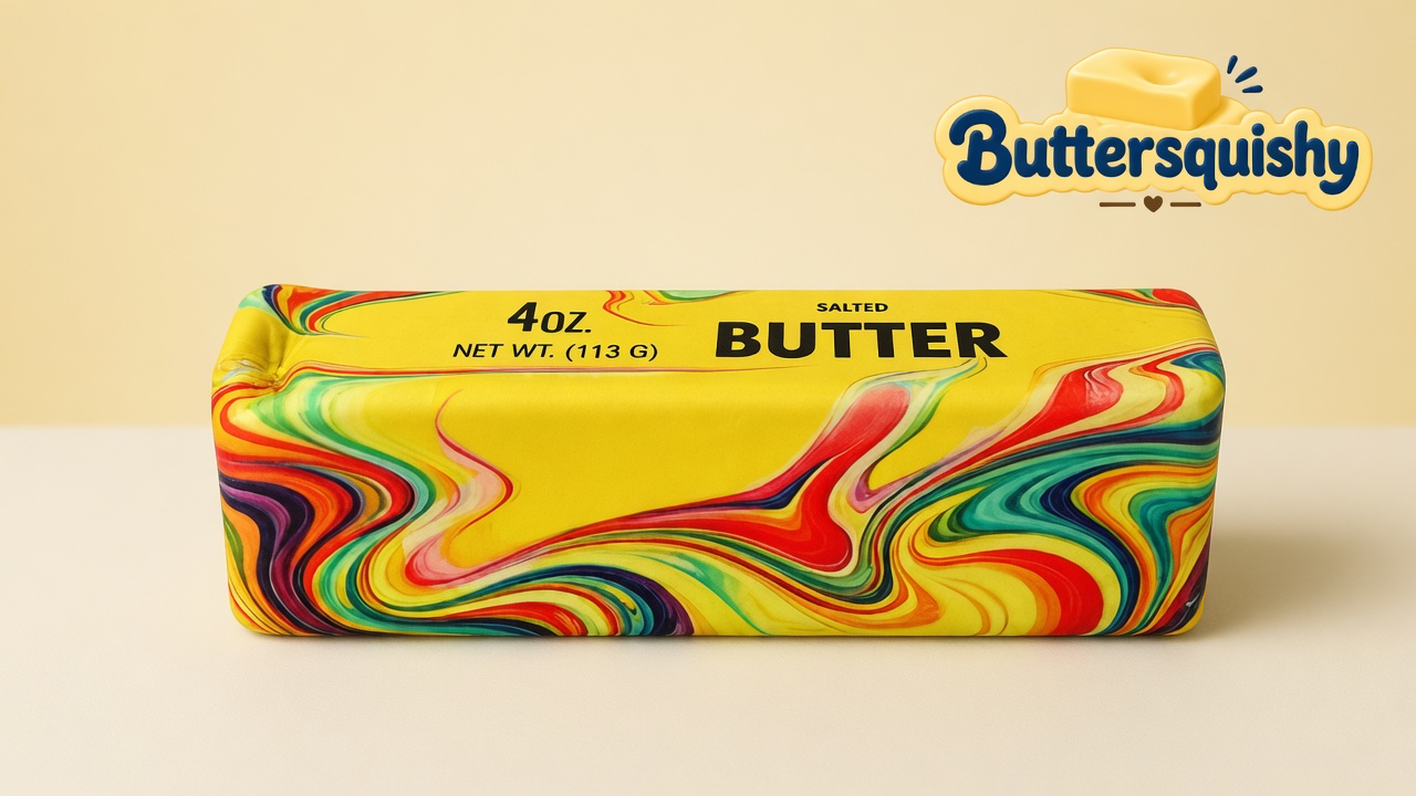 One yellow Oil-Paint Swirl Butter stick printed 4 OZ. NET WT. (113 G) SALTED BUTTER with oil-paint marble sides on a light-yellow cream studio, Buttersquishy logo in the upper right