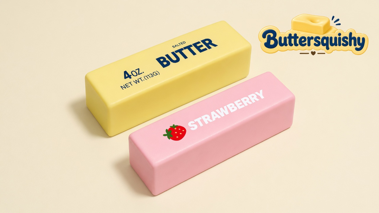 Pale yellow loaf printed SALTED BUTTER and 4 OZ. NET WT.(113G) beside a pink STRAWBERRY loaf on a light-yellow cream studio, Buttersquishy logo in the upper right
