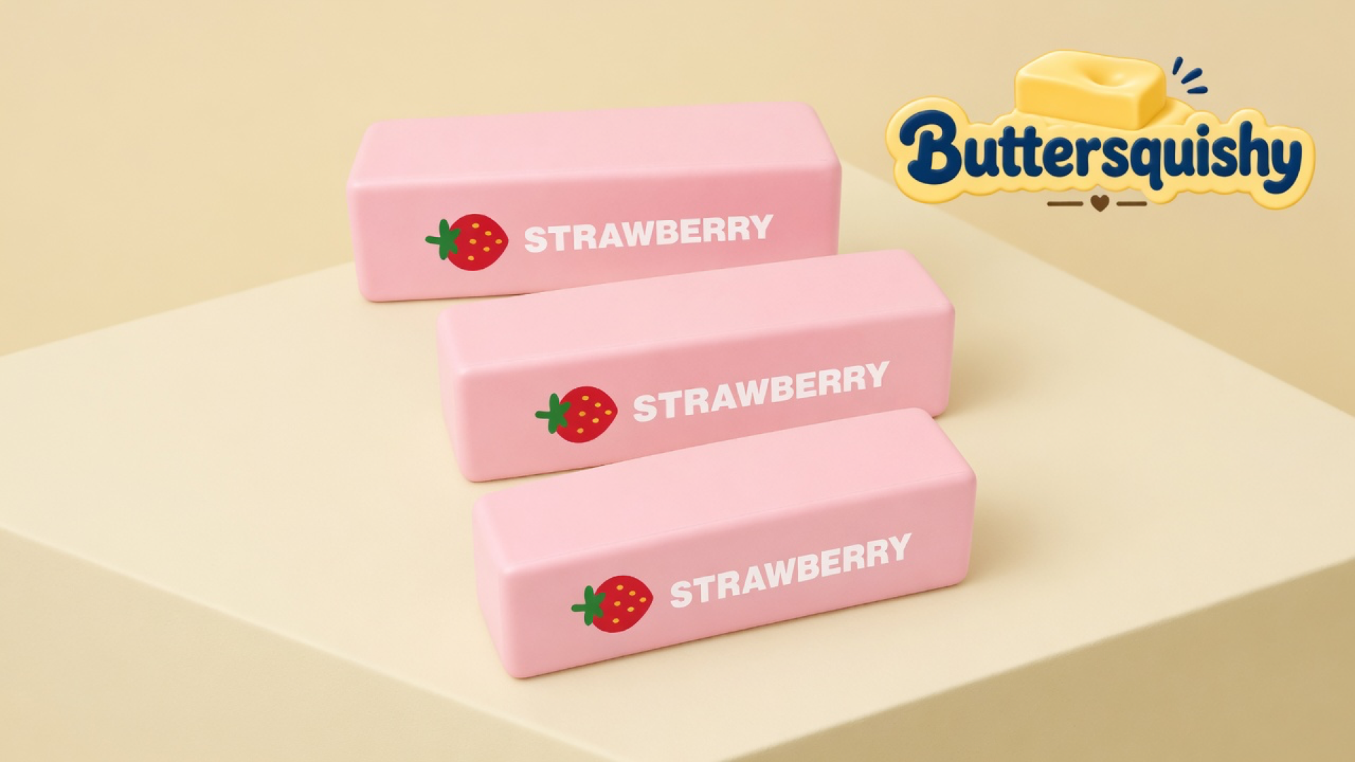 Three pale-pink Strawberry Butter Stick loaves printed with a berry icon and STRAWBERRY type on a cream studio platform, Buttersquishy logo in the upper right