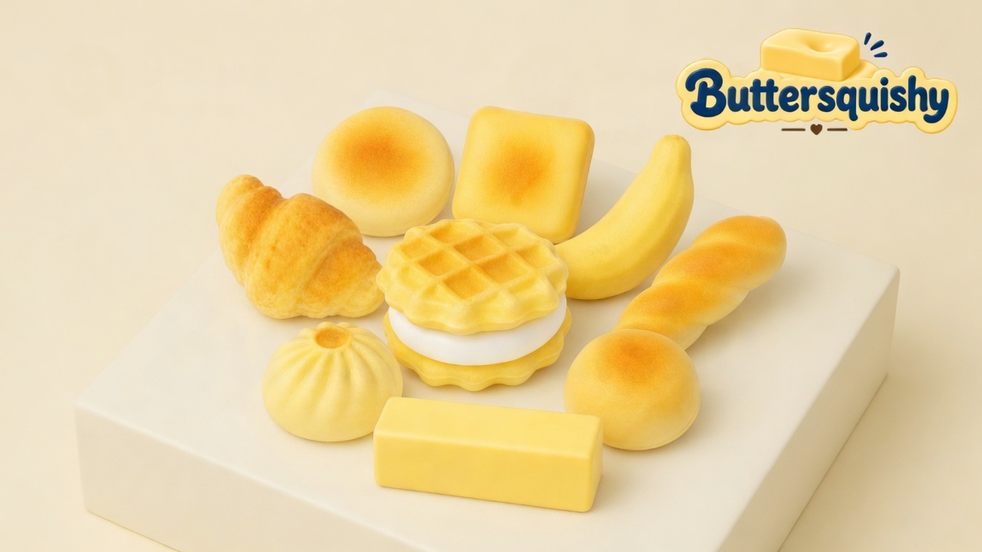 Nine bakery-style Bread Toast Loaf 9-Pack toys — croissant, toasted buns, square toast, banana, baguette, waffle sandwich, bao, and a butter brick — on a light-yellow cream studio, Buttersquishy logo in the upper right