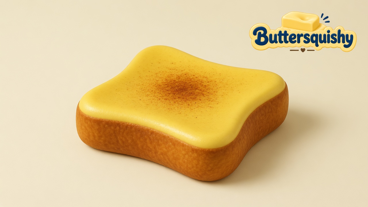 Yellow Bread Toast Loaf with a toasted-brown speckle bloom and golden crust on a light-yellow cream studio, Buttersquishy logo in the upper right