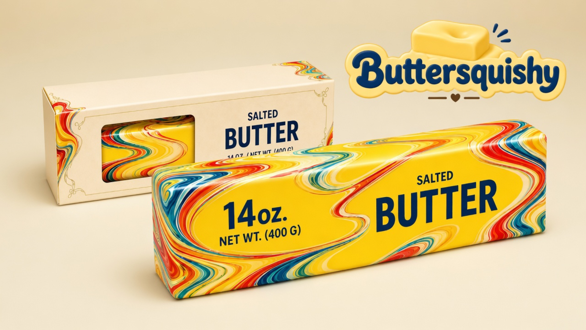 Jumbo Swirl Loaf 14oz yellow salted-butter stick and cream window box on a light-yellow cream studio surface, Buttersquishy logo in the upper right