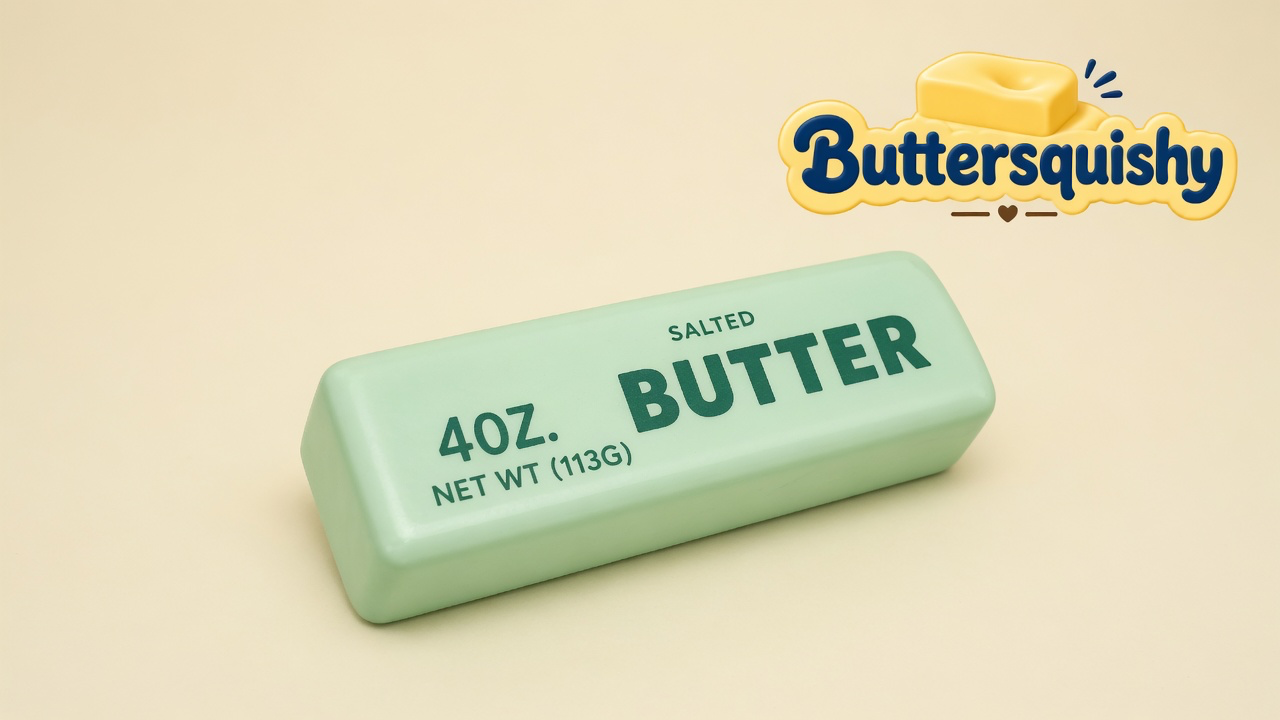 Pale mint-green Mint Butter Stick printed 4OZ. NET WT (113G) and SALTED BUTTER on a light-yellow cream studio, Buttersquishy logo in the upper right