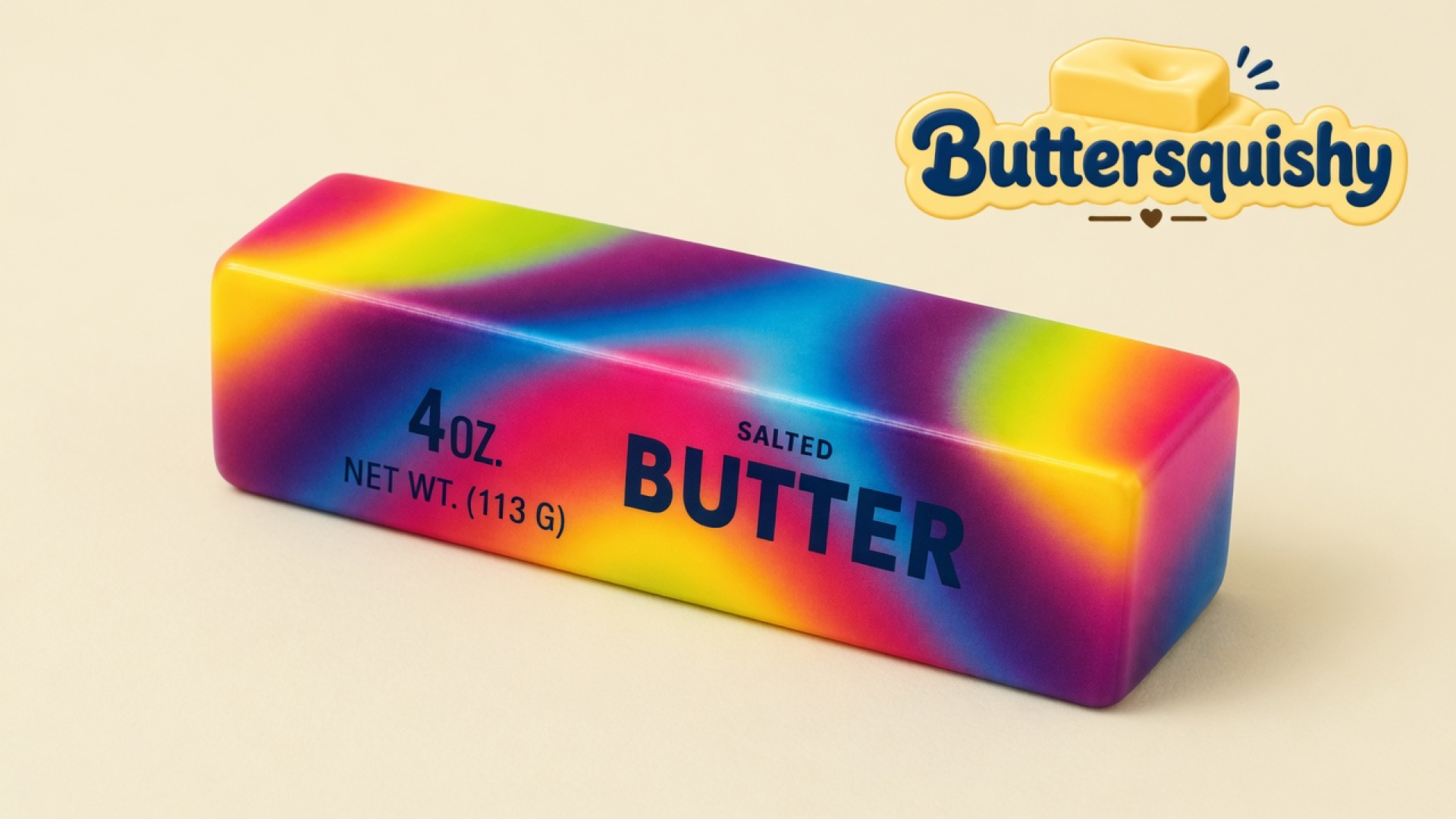 One rainbow neon swirl butter stick printed 4OZ. NET WT. (113 G) SALTED BUTTER on a light-yellow cream studio, Buttersquishy logo in the upper right