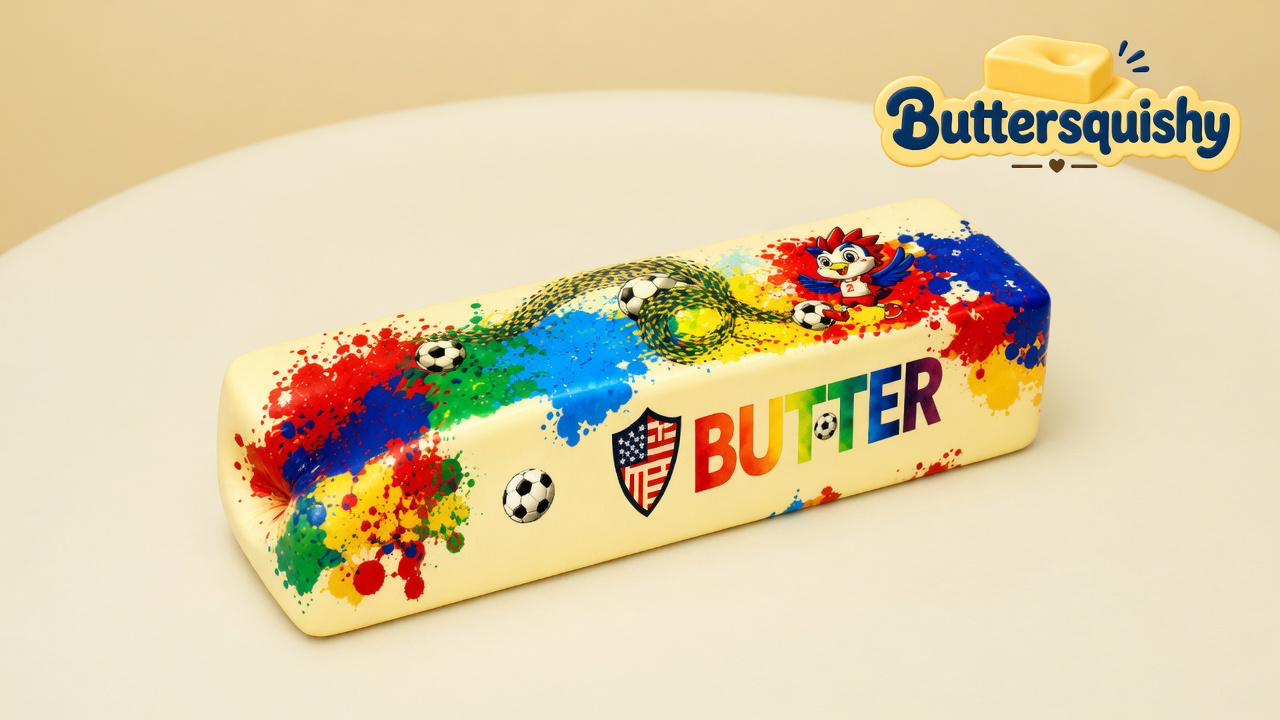 One cream Splash Marble Butter loaf with rainbow paint-splash, soccer print, rope, rooster, flag shield, and rainbow BUTTER type on a light-yellow cream studio, Buttersquishy logo in the upper right