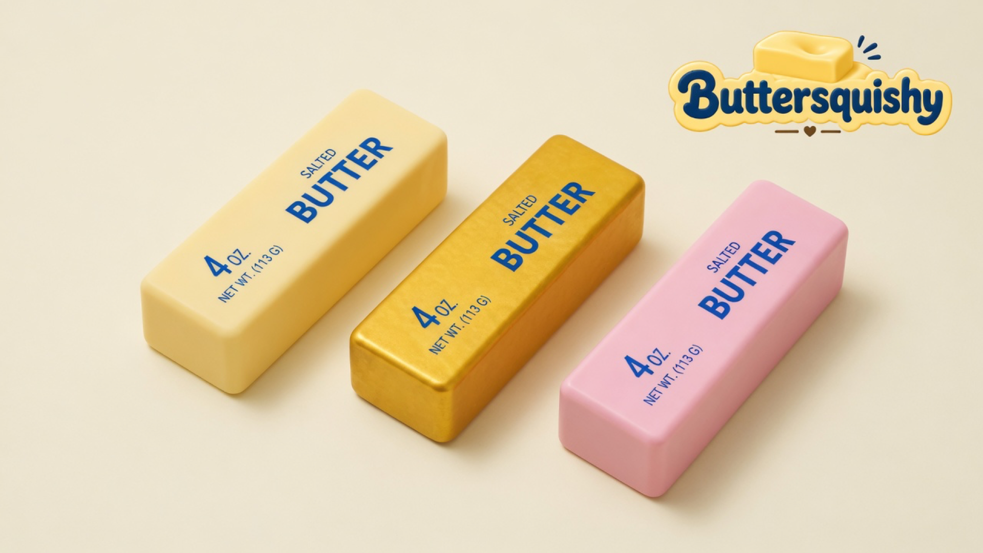 Three cream, gold, and pink Sunset Trio Butter sticks with navy SALTED BUTTER print on a light-yellow cream studio surface, Buttersquishy logo in the upper right