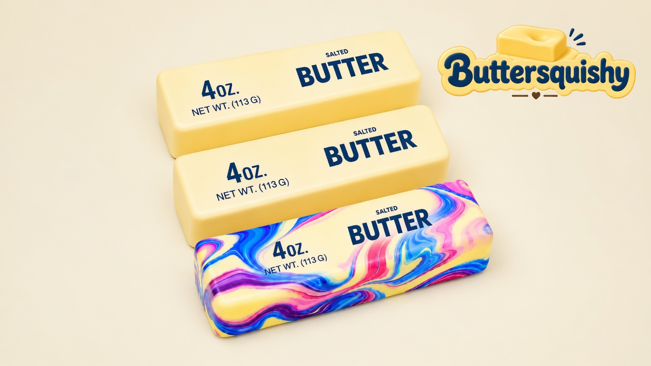 Two pale-yellow SALTED BUTTER sticks and one blue-pink-purple marble swirl stick printed 4OZ. NET WT. (113 G), stacked on a light-yellow cream studio, Buttersquishy logo in the upper right