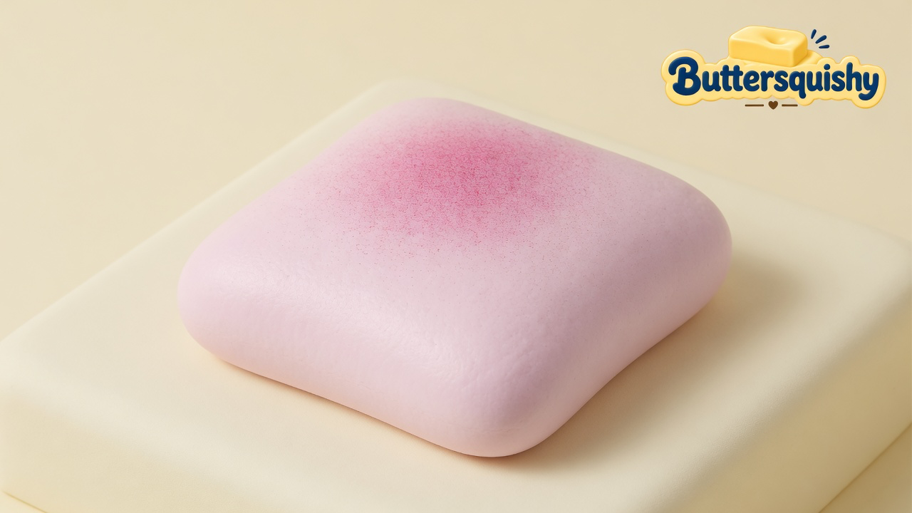 One pale-pink rounded-square Bread Toast Loaf with a rose-magenta blush bloom on a light-yellow cream studio platform, Buttersquishy logo in the upper right