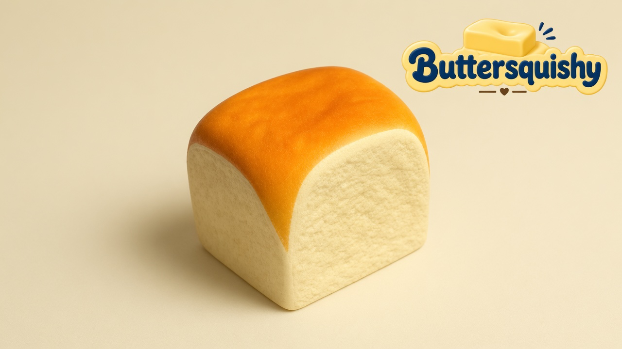 One rounded milk-bread Bread Toast Loaf with a golden toasted cap and cream crumb walls on a light-yellow cream studio, Buttersquishy logo in the upper right