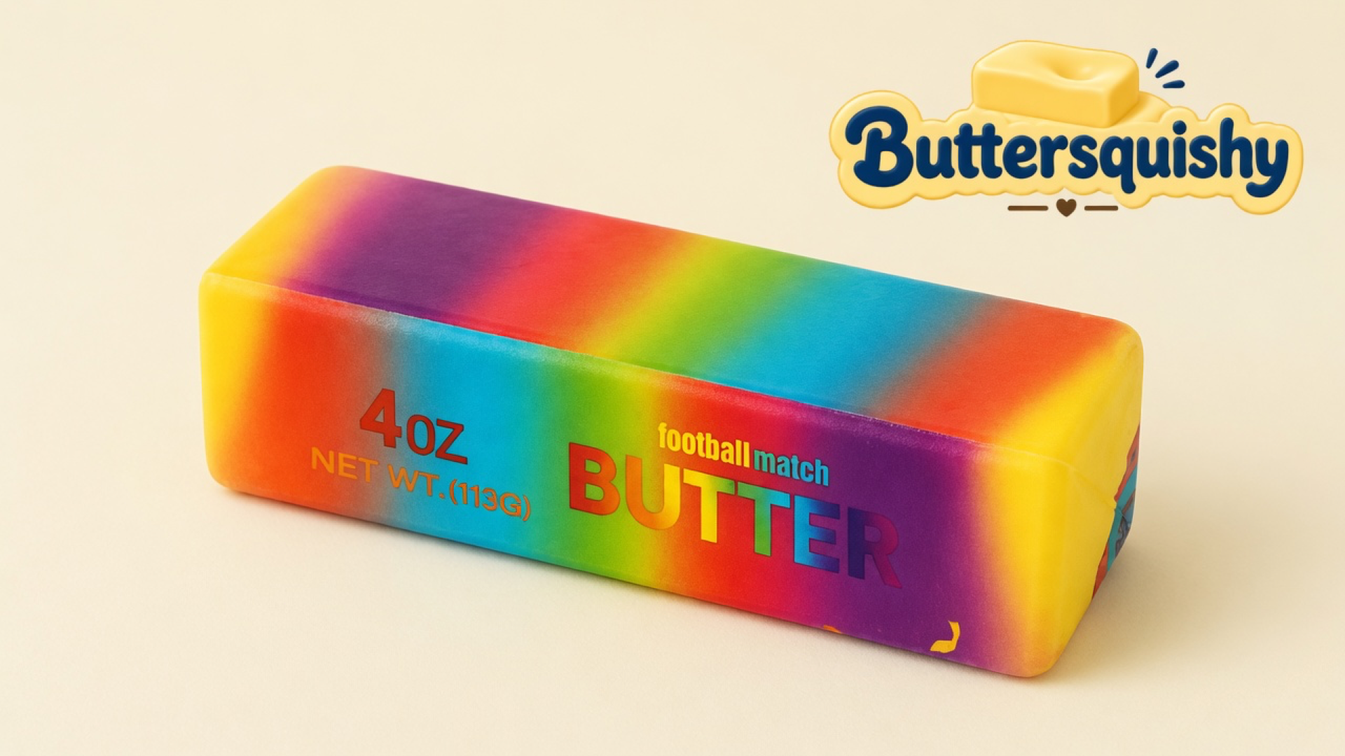 One rainbow candy-striped butter stick printed 4OZ NET WT.(113G) and BUTTER on a light-yellow cream studio, Buttersquishy logo in the upper right