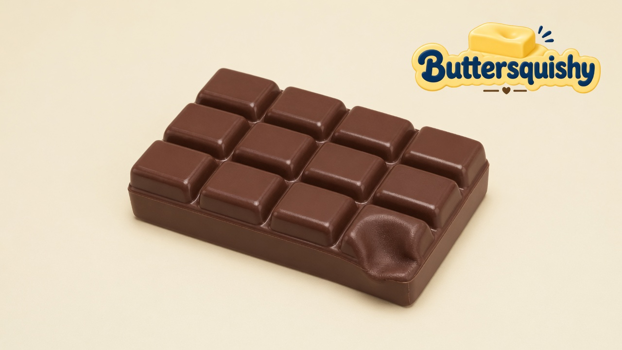 One milk-chocolate twelve-square butter bar with a dented corner square on a light-yellow cream studio, Buttersquishy logo in the upper right
