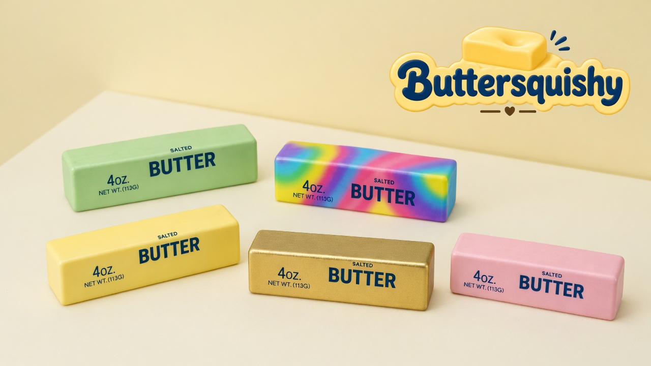 Five Mixed Butter Pack sticks — mint, pale yellow, gold, pink, and rainbow swirl — printed SALTED BUTTER and 4OZ, cream studio, Buttersquishy logo upper right