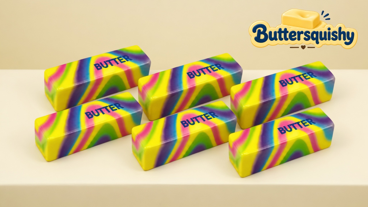 Six neon-yellow butter-stick toys with magenta, lime, purple, and blue swirls, each printed BUTTER, on a light-yellow cream studio, Buttersquishy logo in the upper right