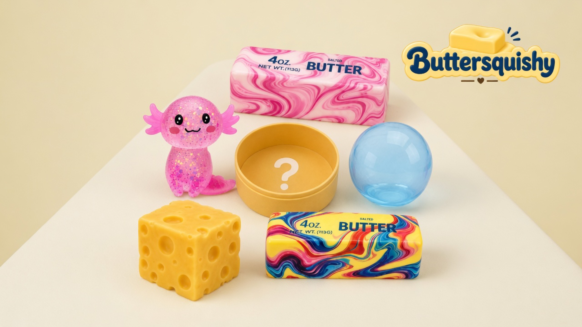 Six-piece Cheese Cube Loaf 6-Pack on a light-yellow cream studio: pink glitter axolotl, pink marble butter stick, yellow mystery tin, blue sphere, yellow cheese cube, and rainbow swirl butter stick, Buttersquishy logo in the upper right