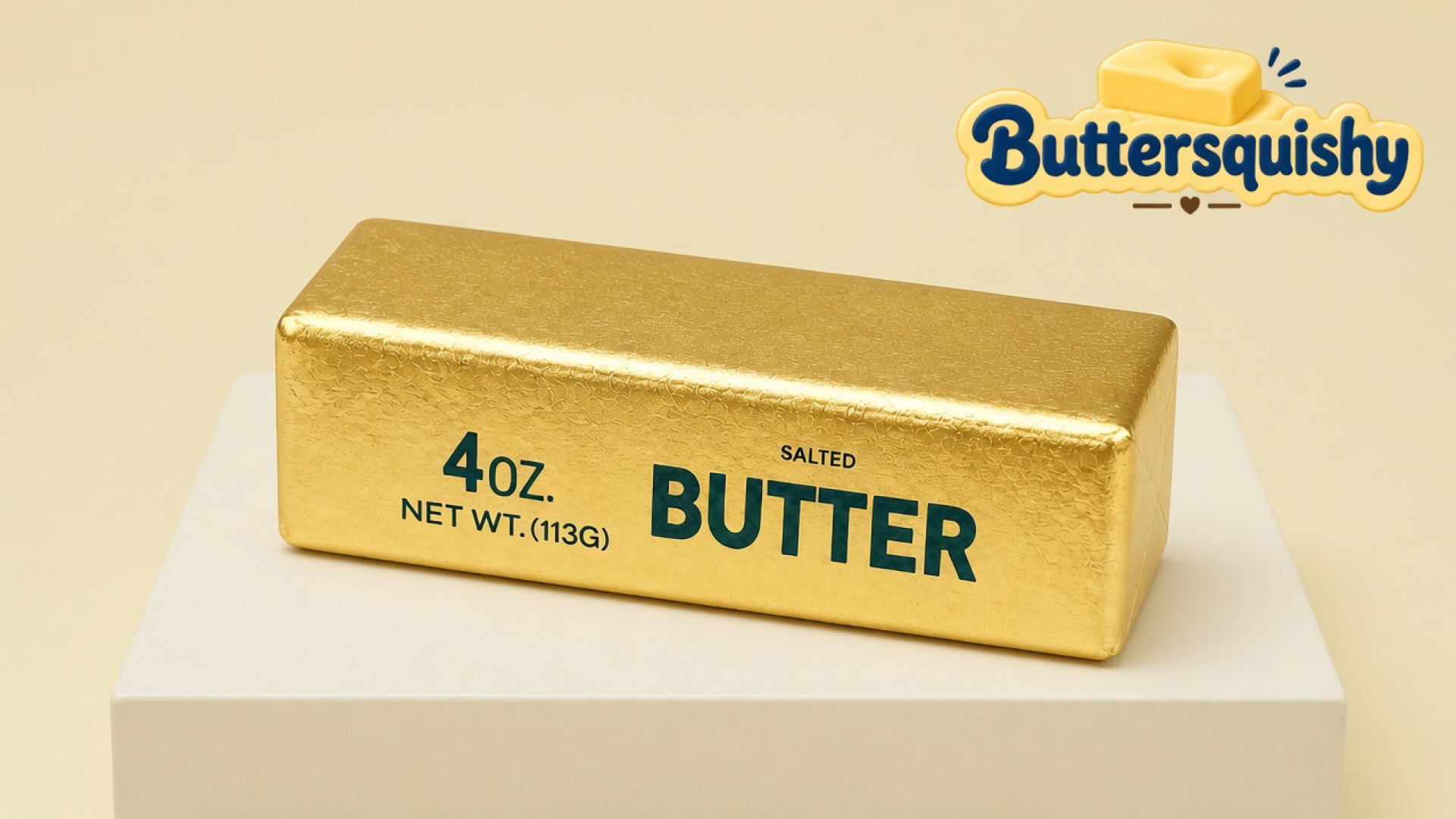 One gold-foil Golden Butter Stick printed 4OZ. NET WT.(113G) SALTED BUTTER on a light-yellow cream studio, Buttersquishy logo in the upper right