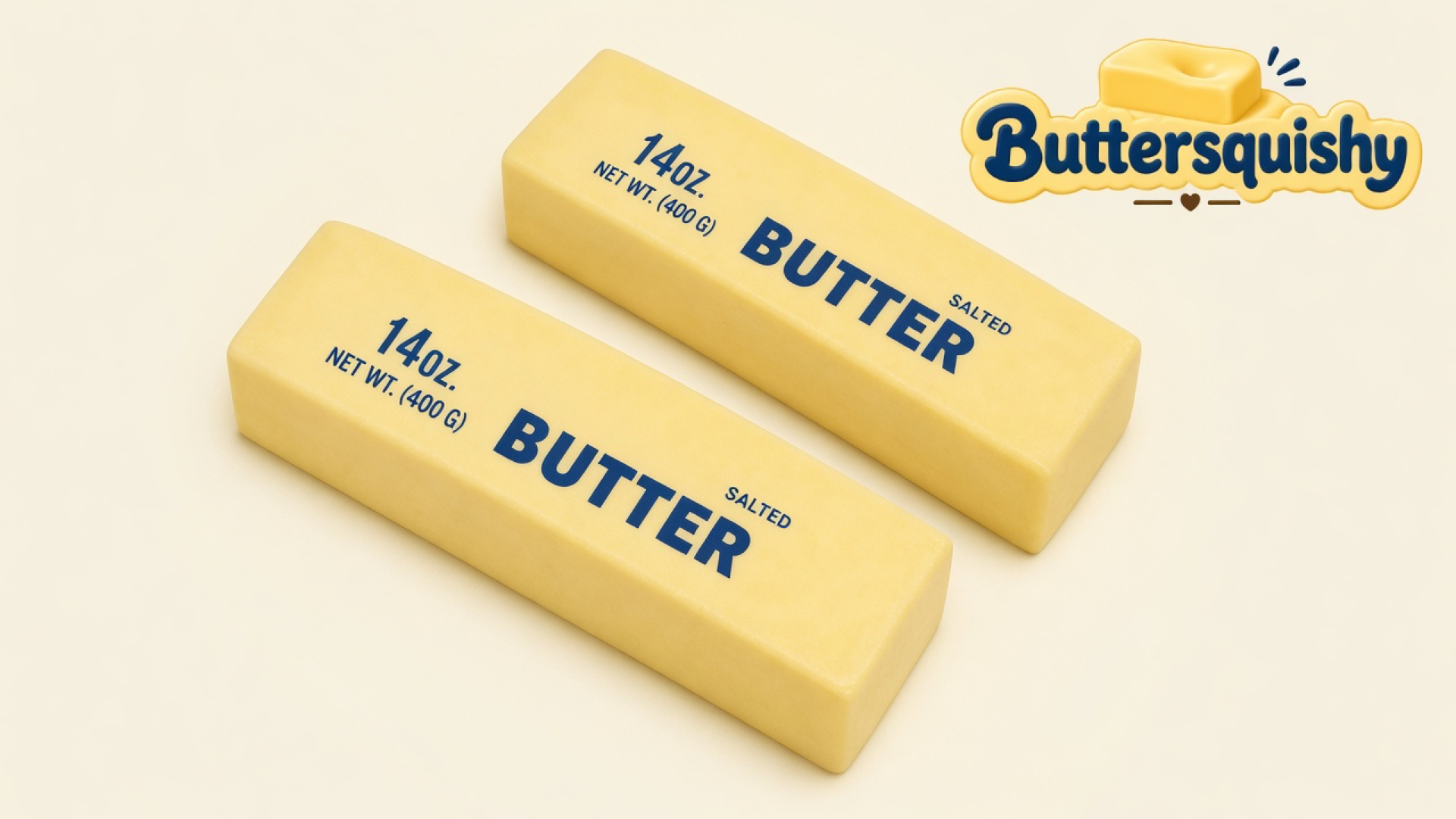 Two pale yellow Jumbo Butter Loaf 14oz sticks printed 14OZ SALTED BUTTER on a light-yellow cream studio, Buttersquishy logo in the upper right