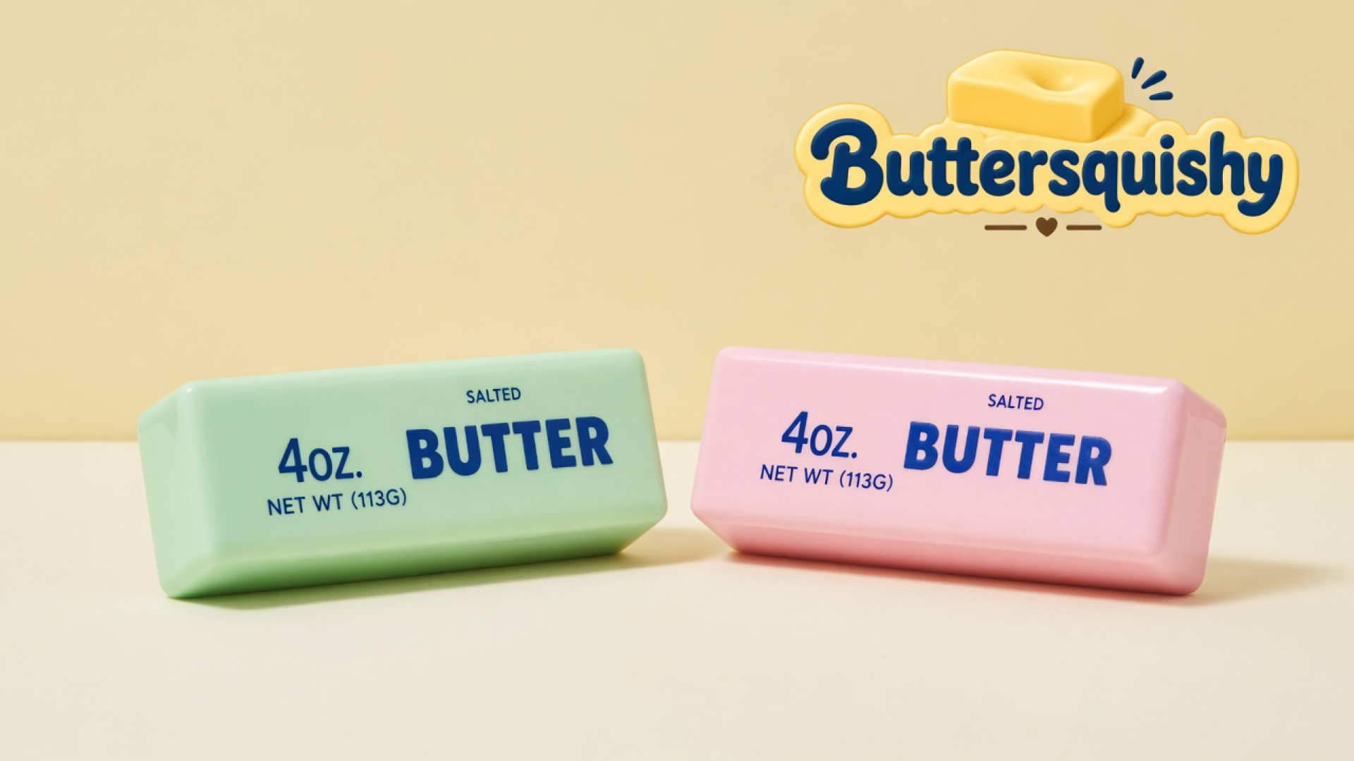 Pale mint-green and candy-pink Mint Berry Crunch Butter loaves printed 4OZ SALTED BUTTER on a light-yellow cream studio, Buttersquishy logo in the upper right