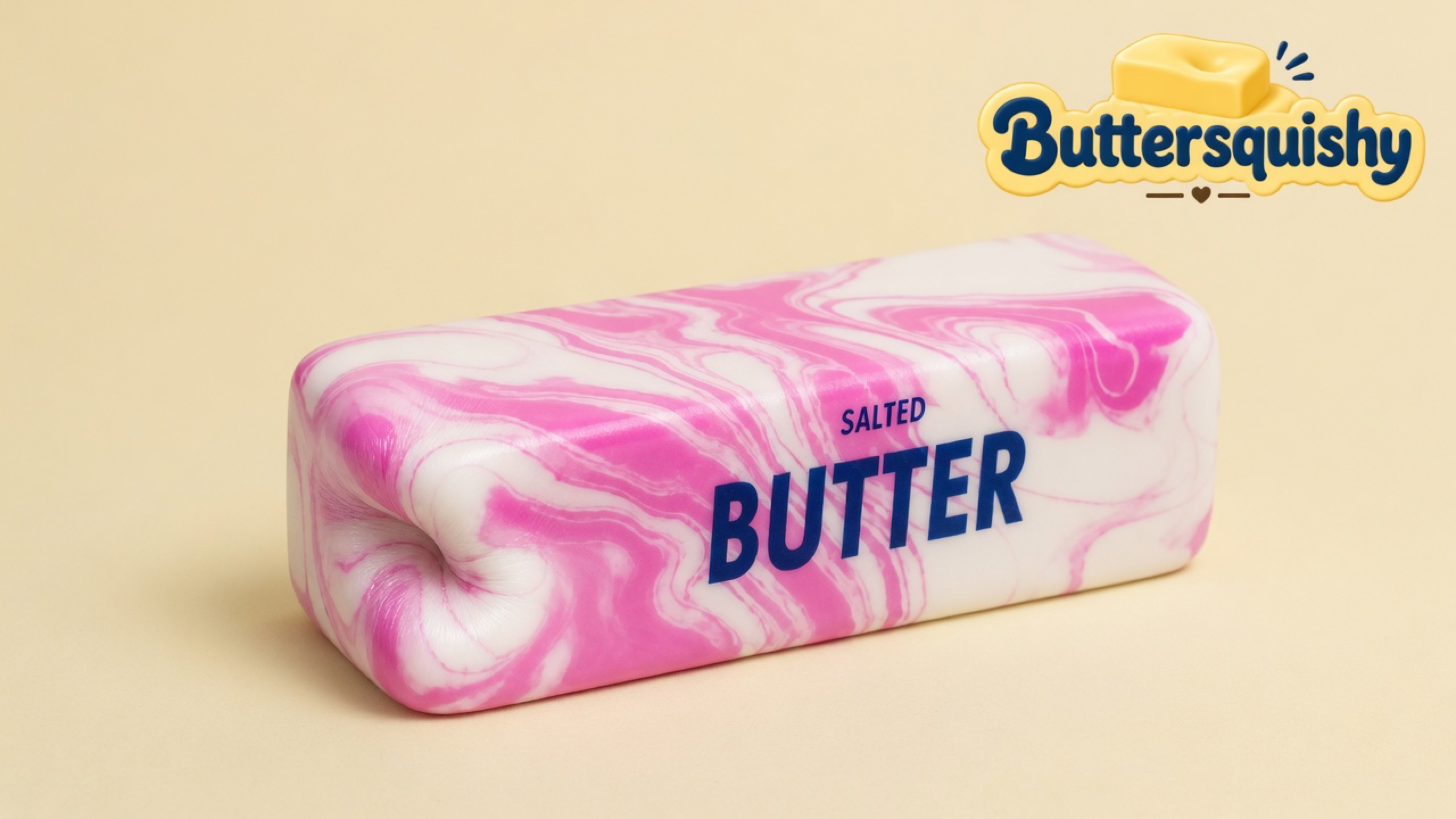 One pink-and-white marble butter loaf printed SALTED BUTTER on a light-yellow cream studio, Buttersquishy logo in the upper right