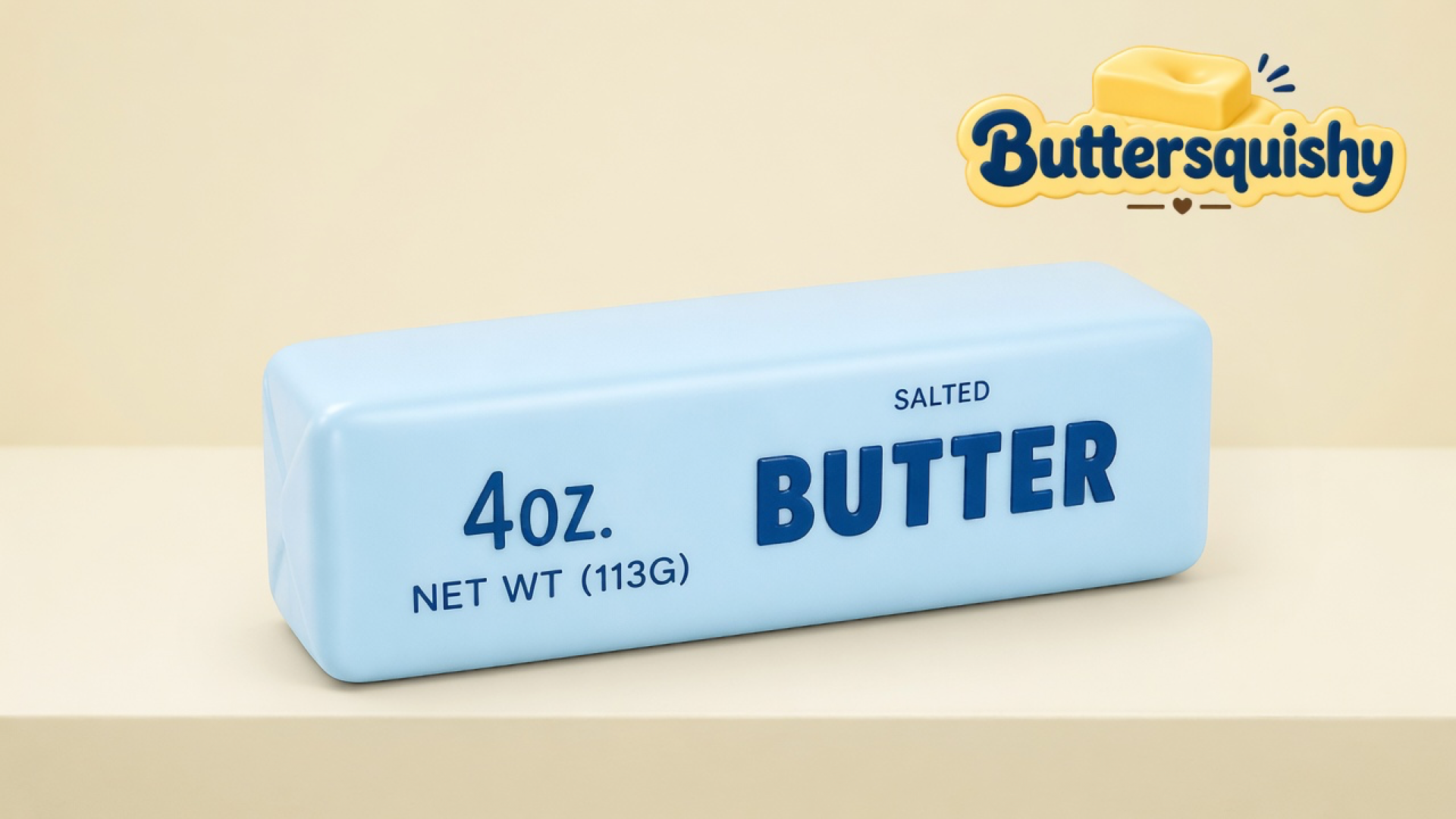 Pale baby-blue SALTED BUTTER loaf with navy 4oz type on a light-yellow cream studio, Buttersquishy logo in the upper right