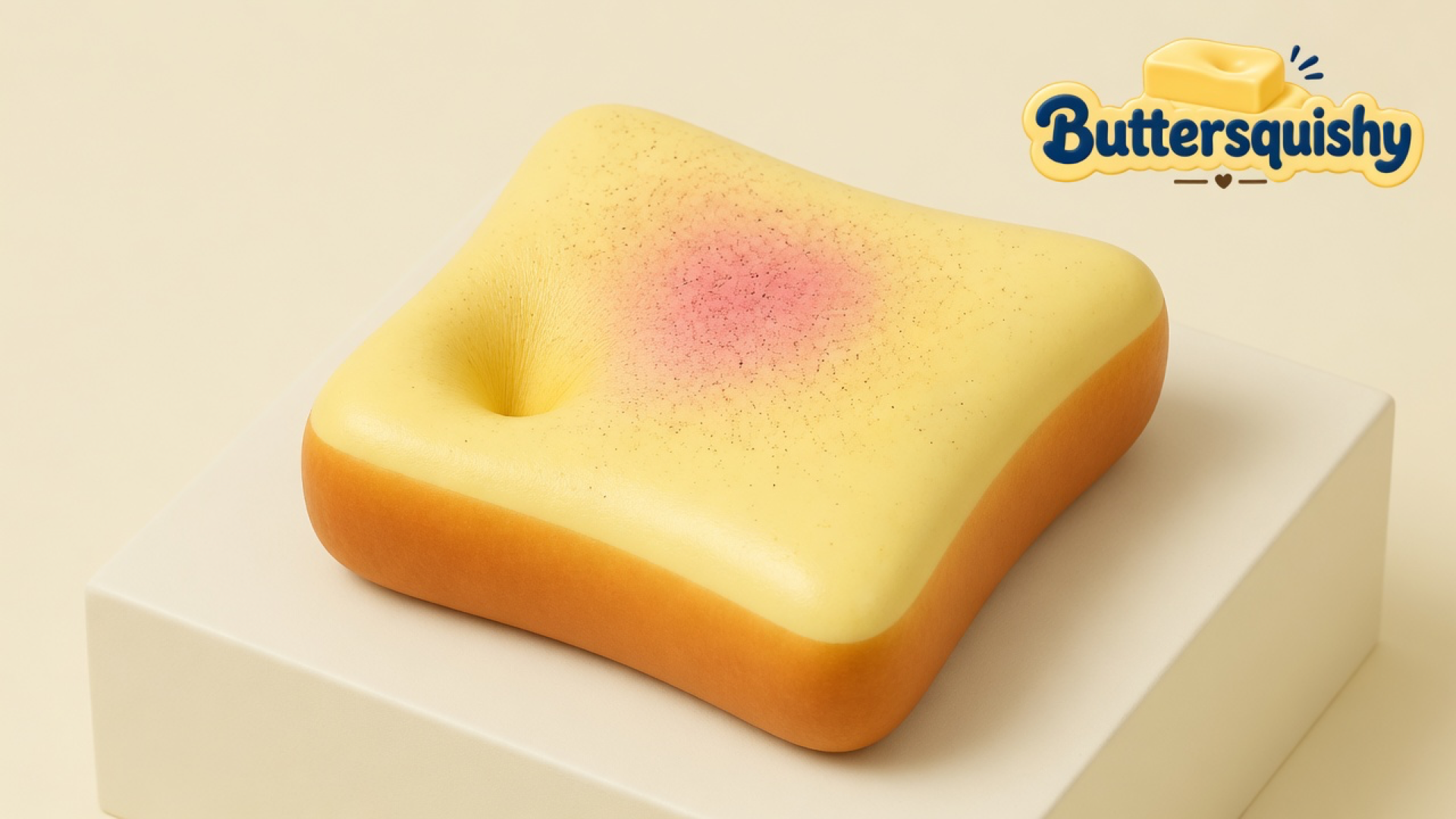 Square yellow Bread Toast Loaf with a pink toasted blush and a thumb well on a light-yellow cream studio, Buttersquishy logo in the upper right