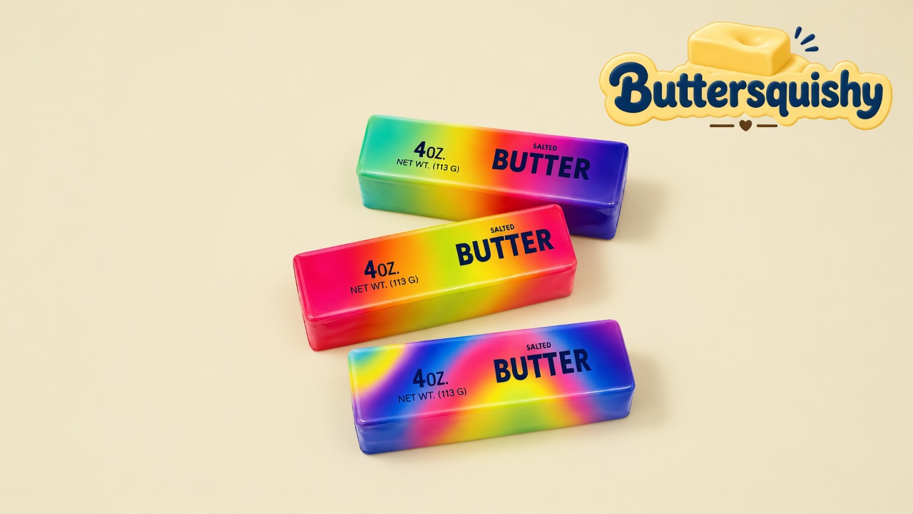 Three rainbow-wash butter loaves with navy grocery type on a cream studio backdrop, Buttersquishy mark once at upper right