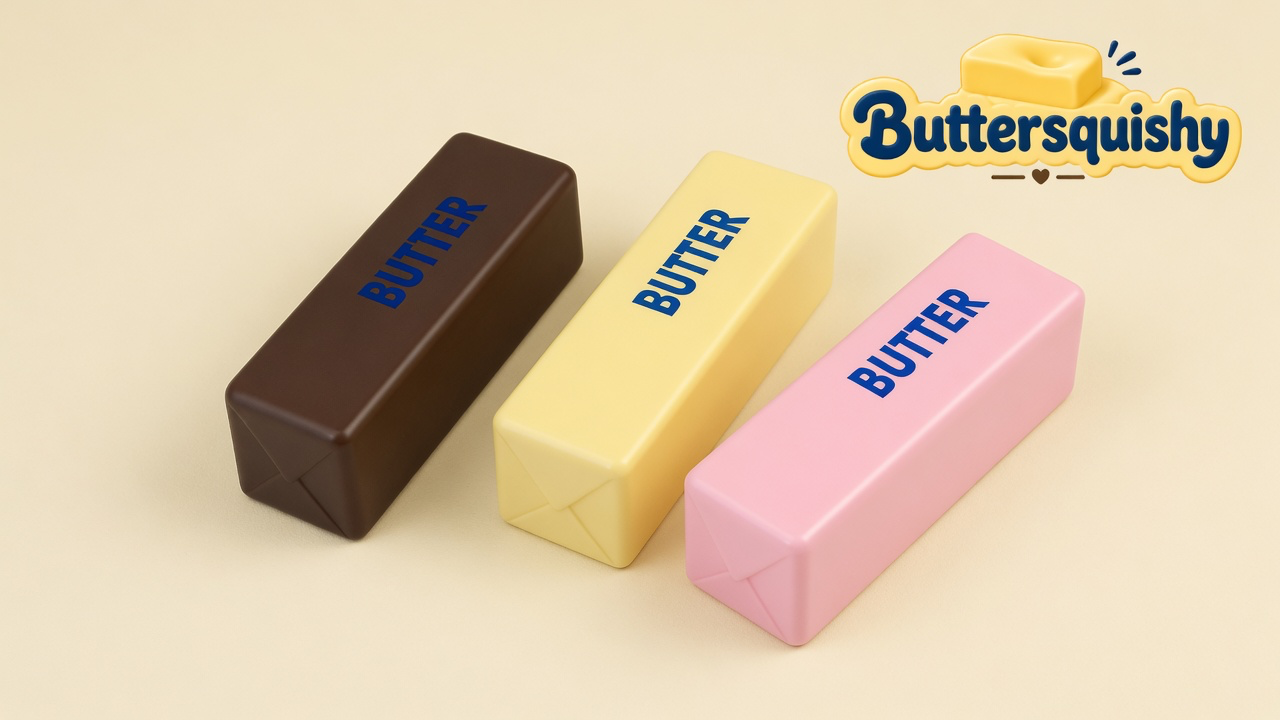 Three Chocolate Berry Butter sticks in chocolate, pink, and yellow on a cream studio background, Buttersquishy logo at upper right