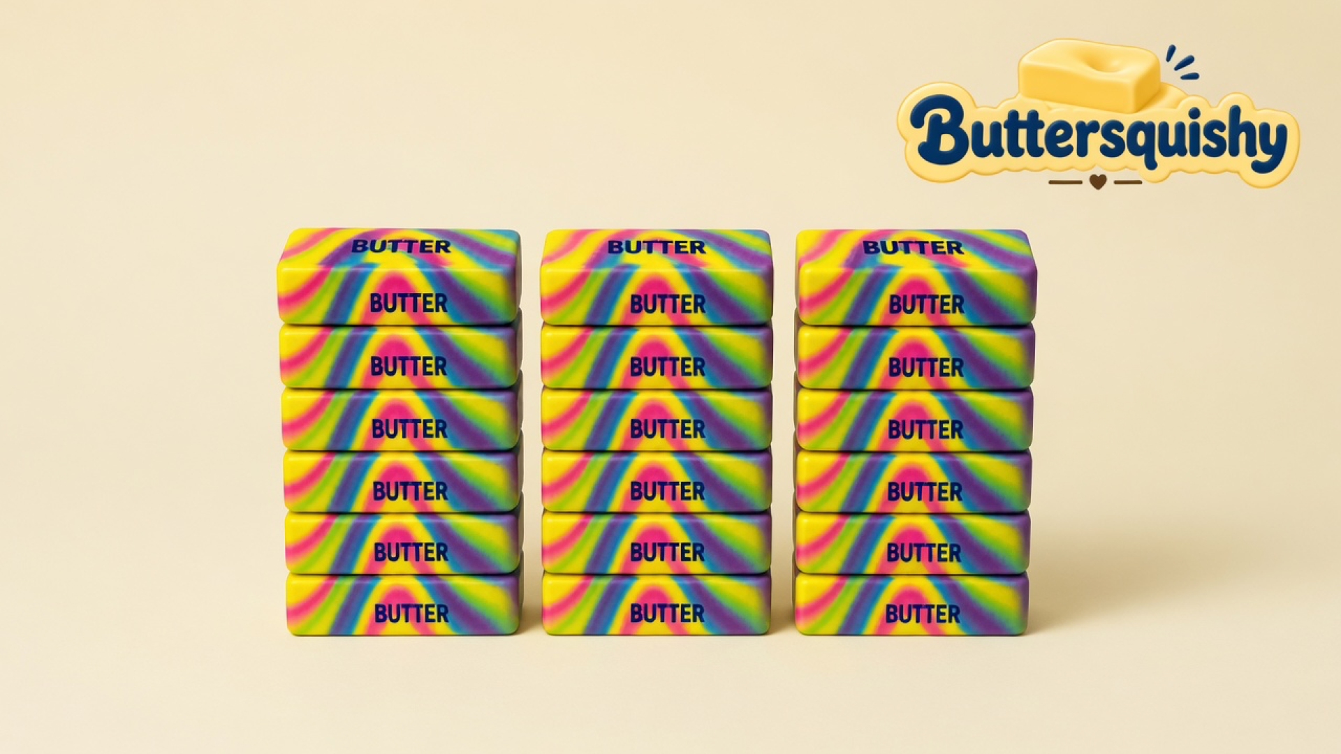 Eighteen neon-swirl butter sticks stacked in three columns of six on a light-yellow cream studio, Buttersquishy logo in the upper right