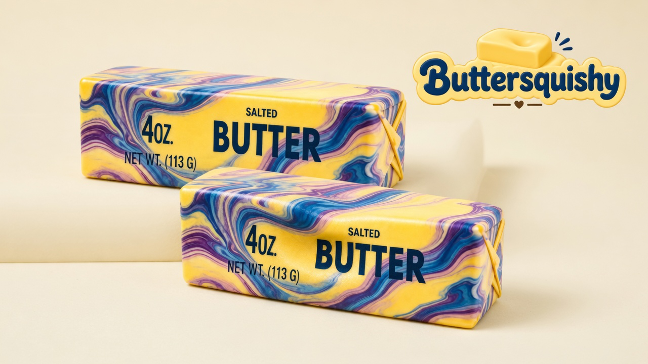 Two yellow butter loaves with blue-and-purple oil-paint marble swirls on a light-yellow cream studio, Buttersquishy logo in the upper right