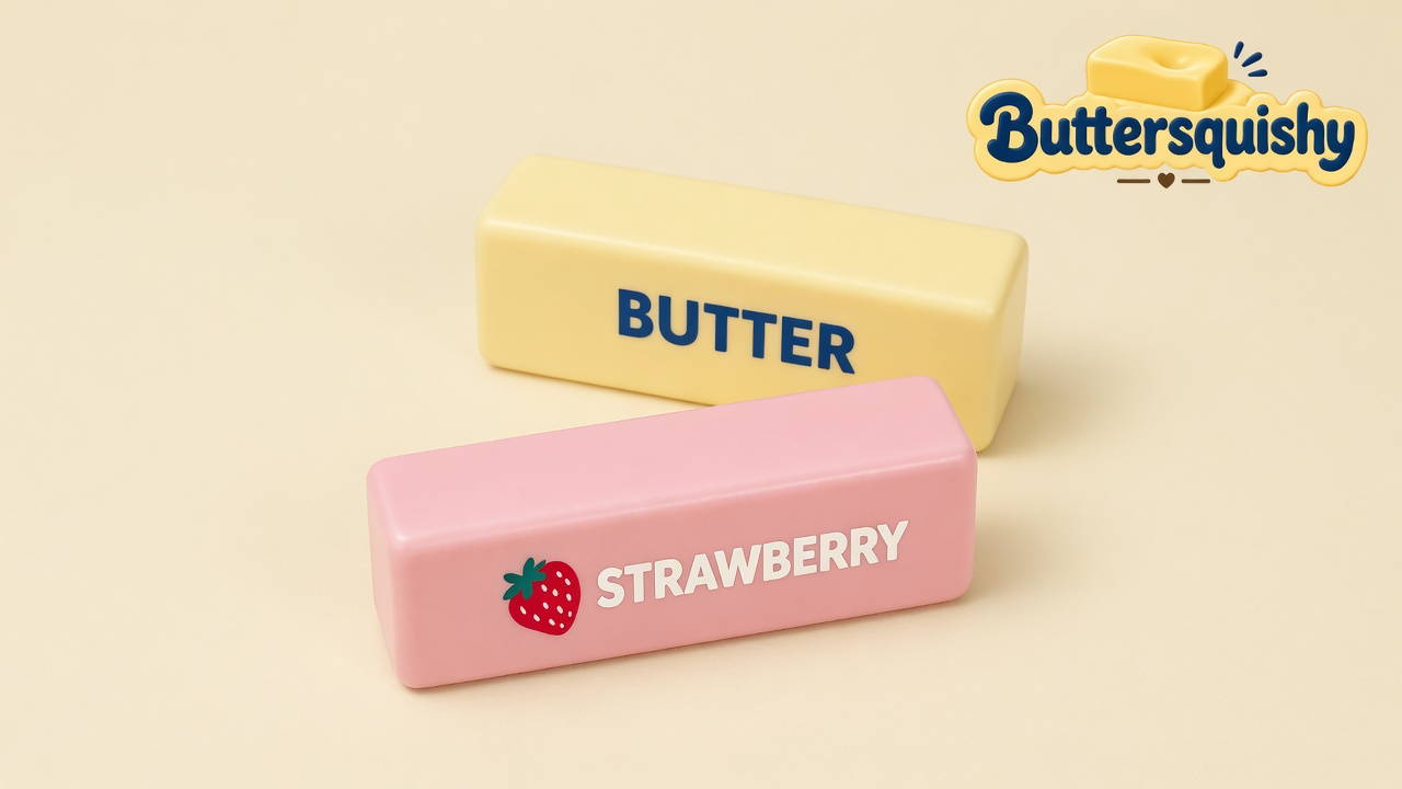 Pale yellow BUTTER loaf and pink STRAWBERRY loaf on a light-yellow cream studio, Buttersquishy logo in the upper right