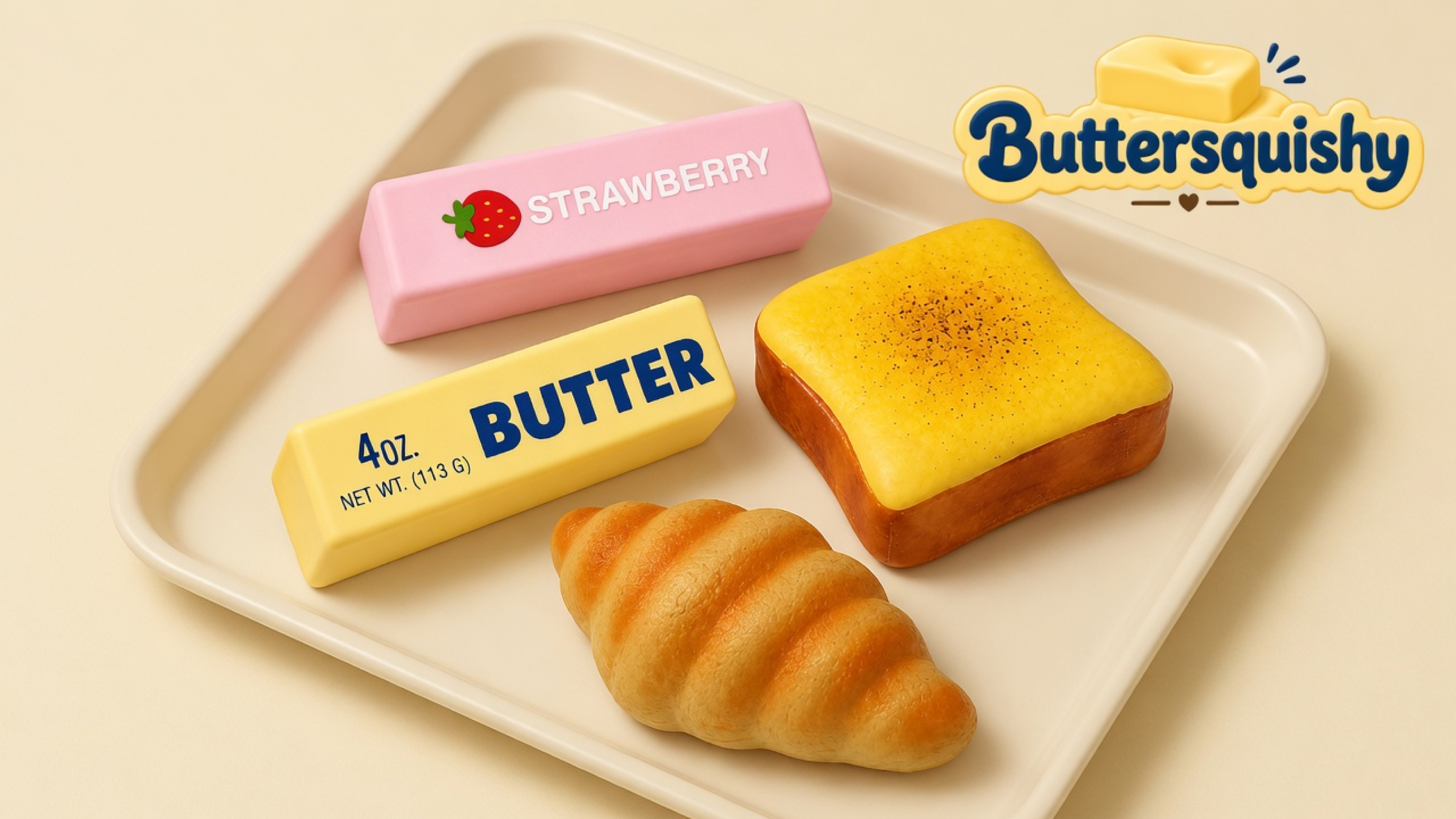 Four bakery-style squishy toys — a pink strawberry stick, a yellow butter stick, a toasted-face square, and a ridged croissant — on a cream tray, Buttersquishy logo in the upper right