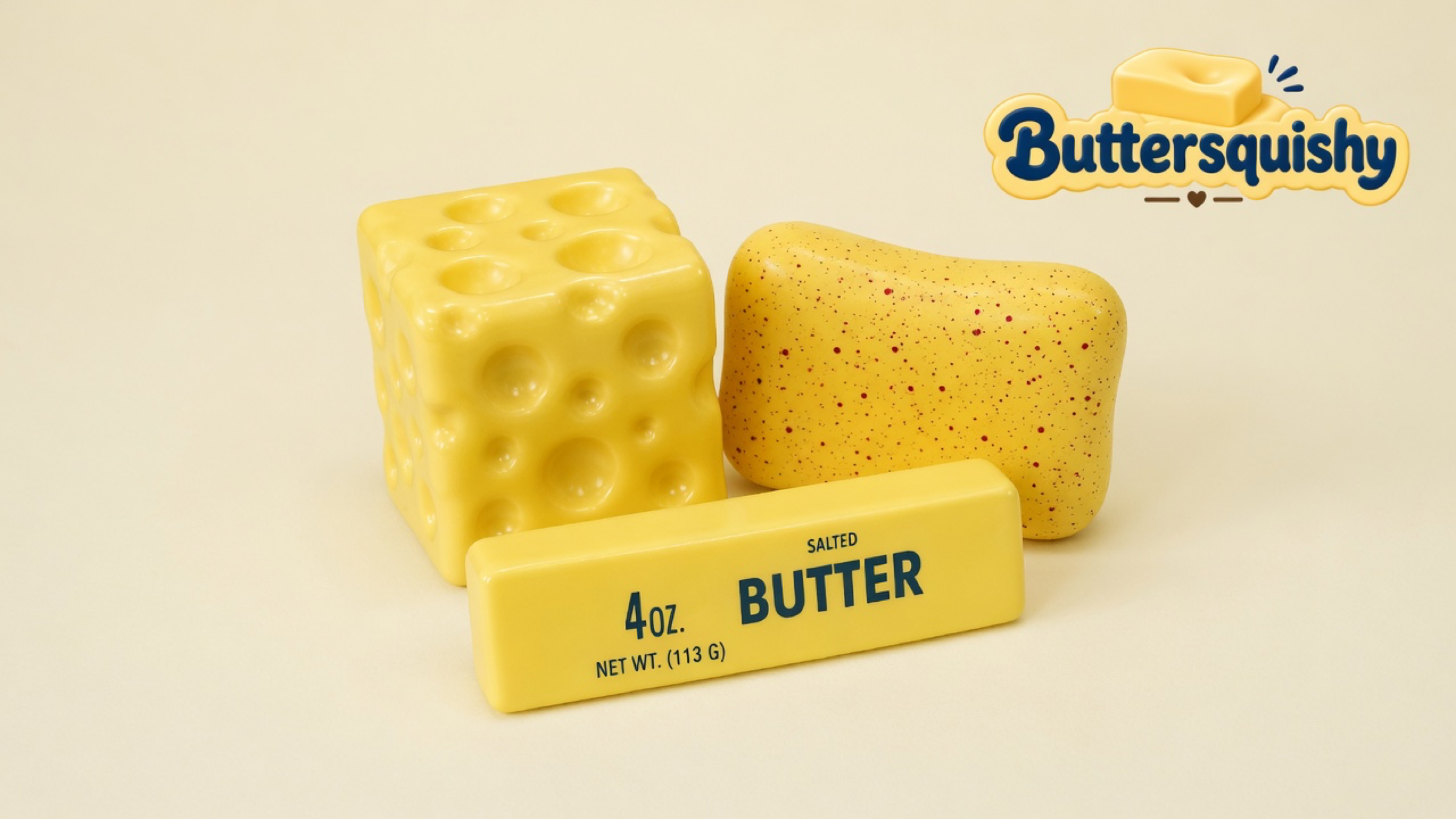 Three yellow Cheese Cube Loaf toys — a Swiss-hole cube, a red-speckled loaf, and a salted-butter stick — on a light-yellow cream studio, Buttersquishy logo at upper right