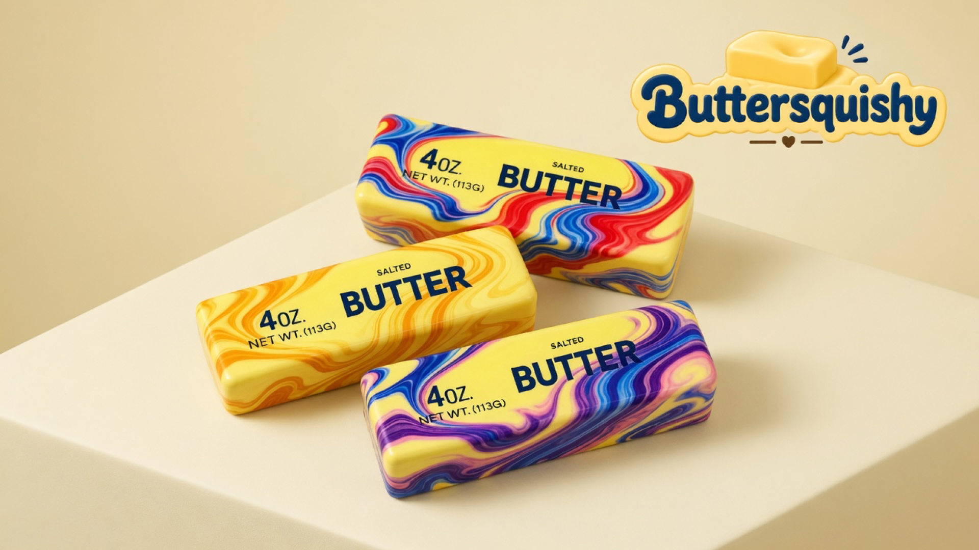 Three yellow Oil-Paint Swirl Butter sticks with gold-orange, red-blue, and purple-magenta marble rims on a light-yellow cream studio, Buttersquishy logo in the upper right