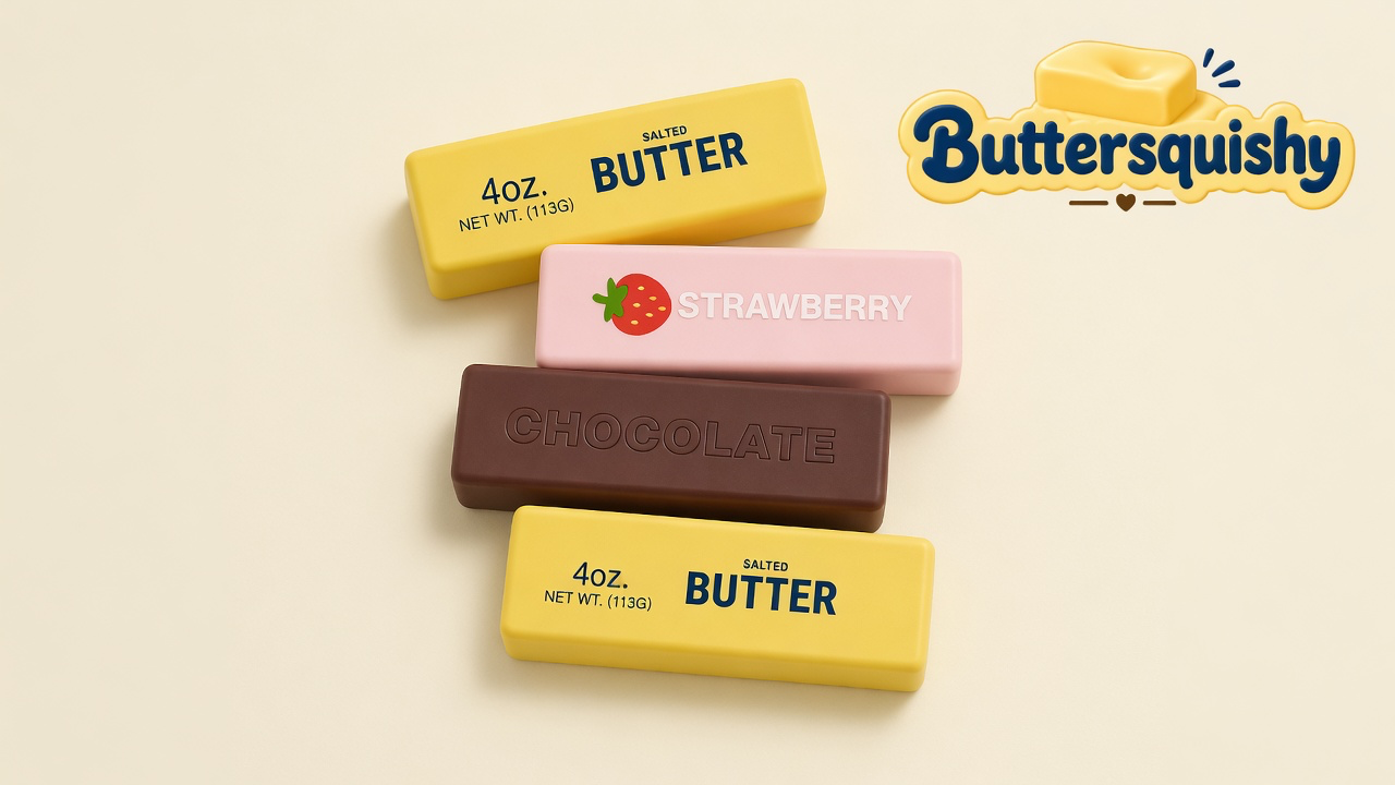 Four Strawberry Chocolate Butter sticks — two yellow, one pink strawberry, one brown chocolate — on a cream studio, Buttersquishy logo at upper right