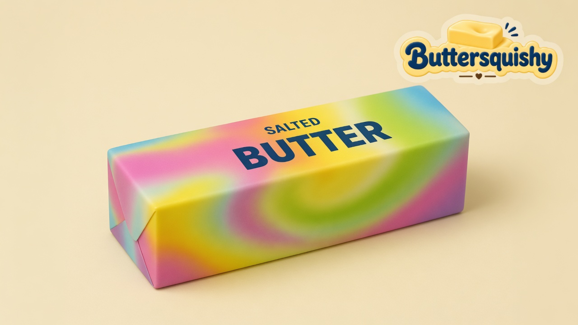 One rainbow-swirl Swirl Mix Butter loaf printed SALTED BUTTER on a light-yellow cream studio, Buttersquishy logo in the upper right