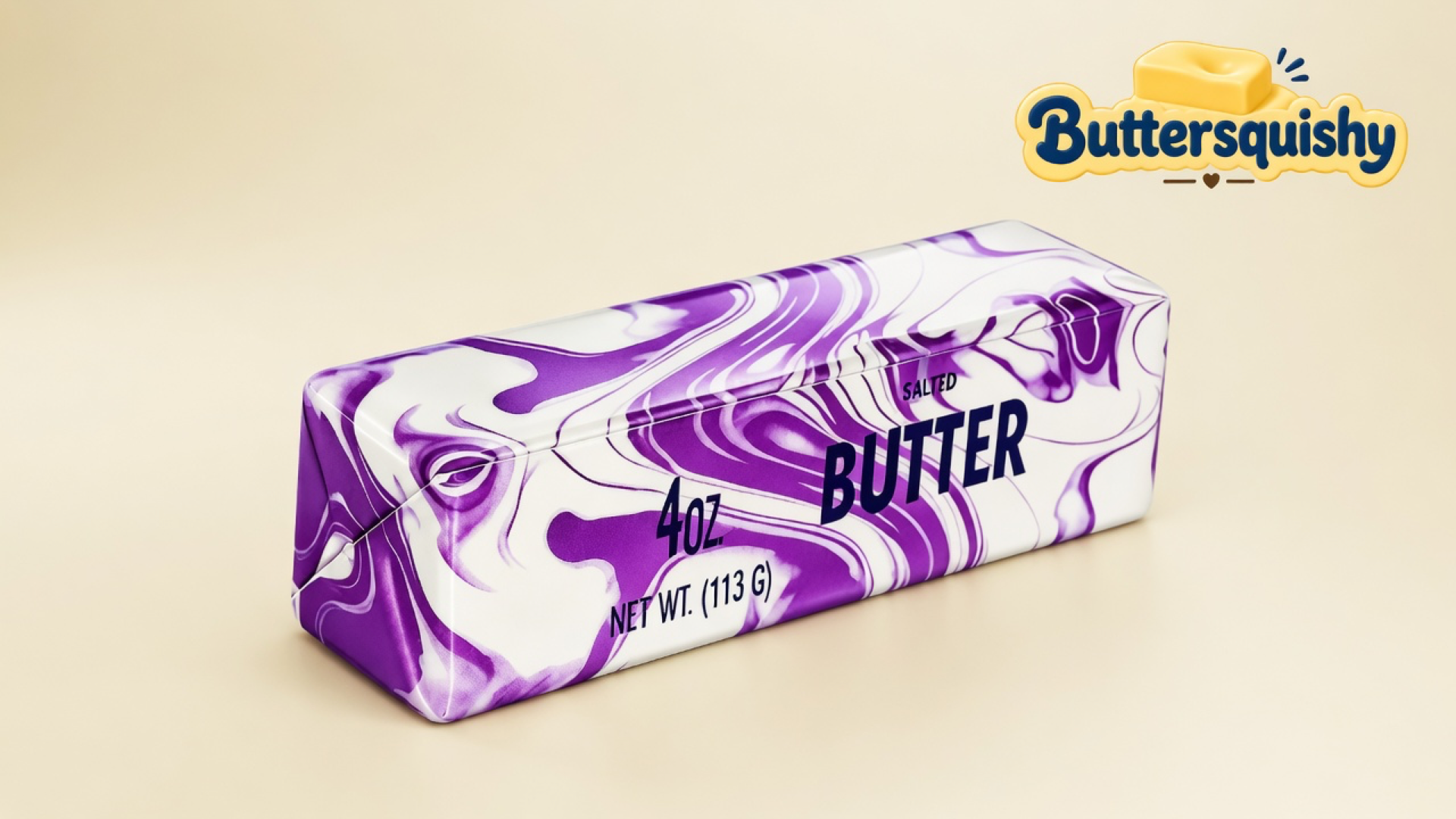 One white-and-violet marble butter loaf with navy 4OZ SALTED BUTTER type on a light-yellow cream studio, Buttersquishy logo in the upper right
