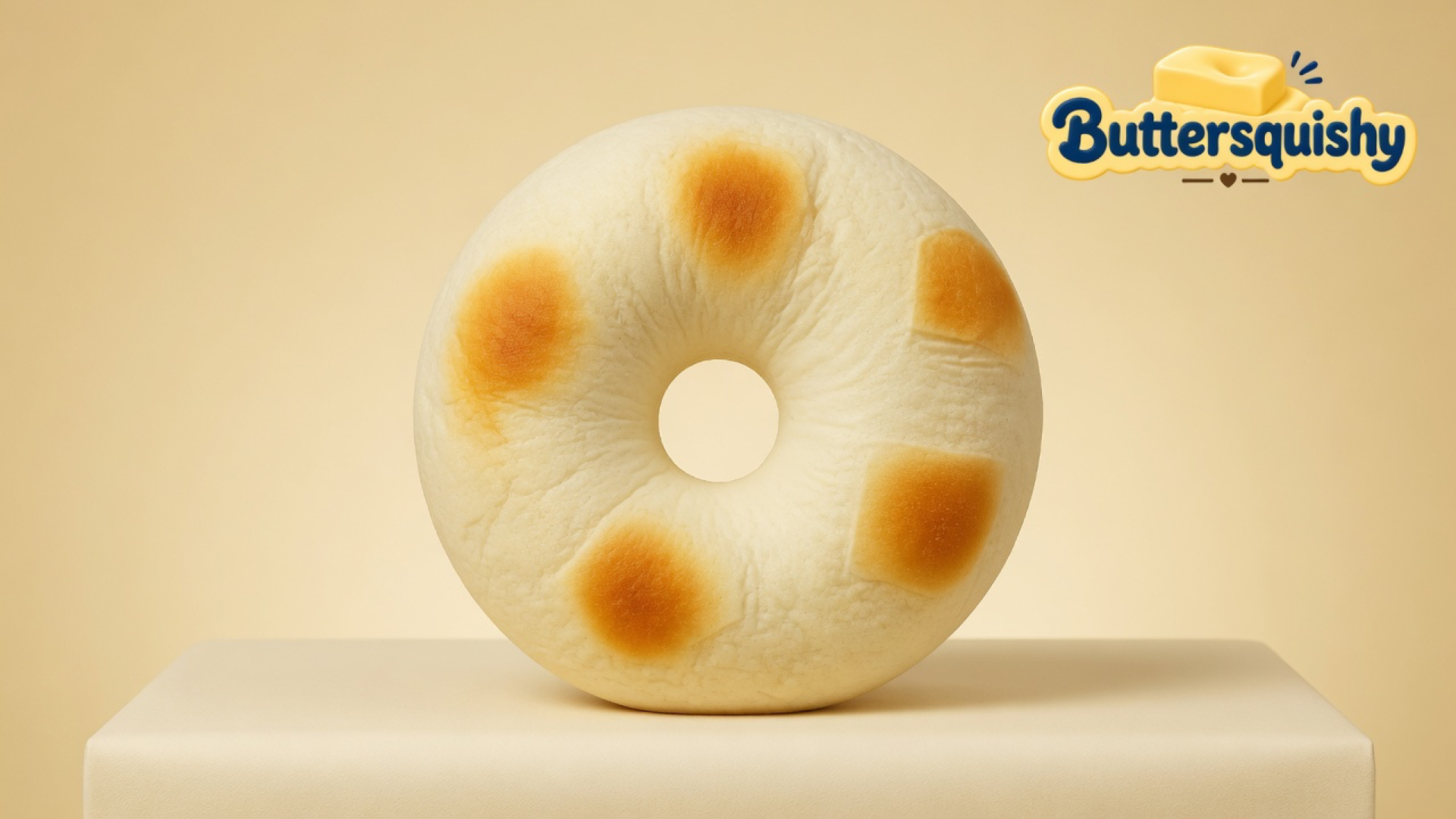 One ring-shaped toasted Bread Toast Loaf with a center hole on a light-yellow cream studio sweep, Buttersquishy logo once at the upper right