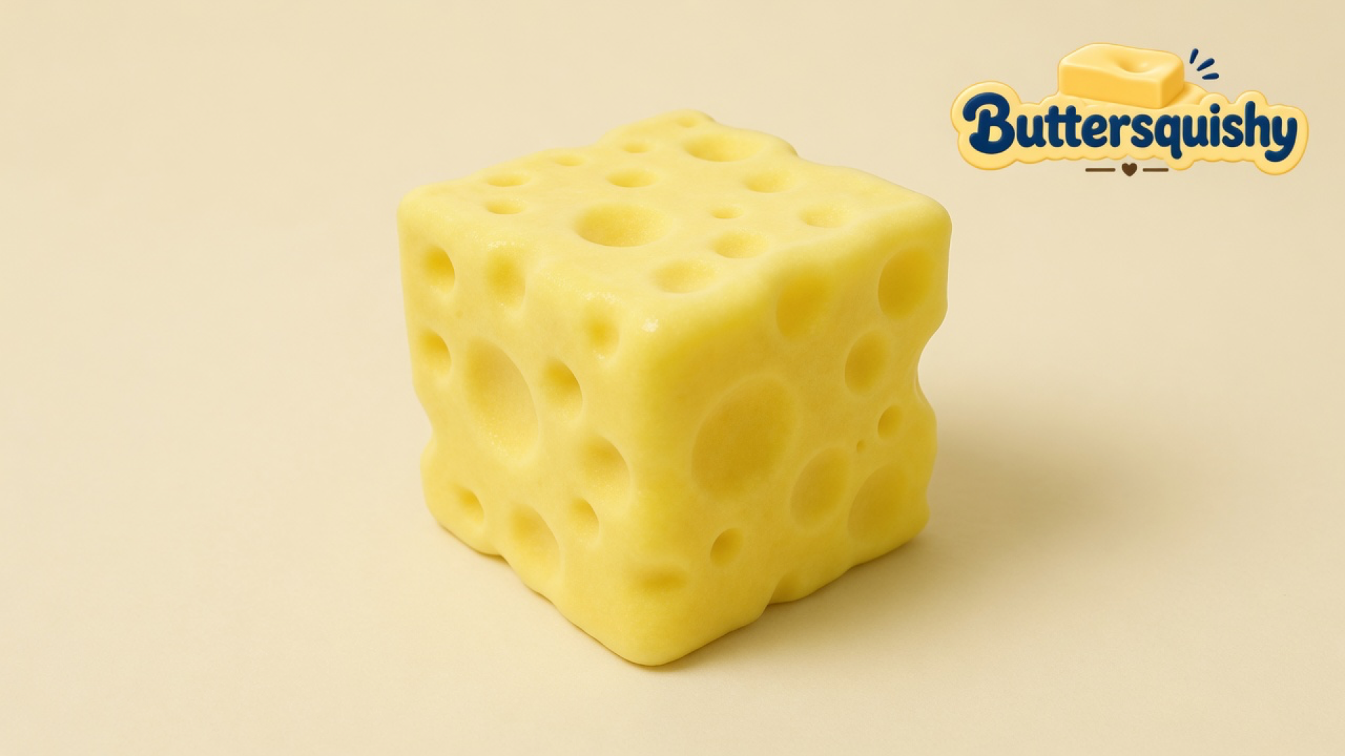 Pale yellow Swiss-hole Cheese Cube Loaf on a light-yellow cream studio sweep, Buttersquishy logo once at the upper right