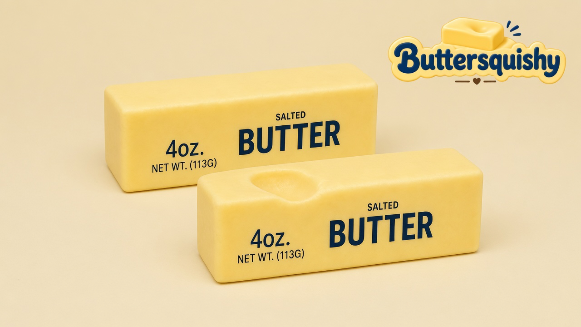 Two pale yellow Classic Gift Butter sticks printed 4OZ SALTED BUTTER, one with a thumb dent, on a light-yellow cream studio, Buttersquishy logo in the upper right