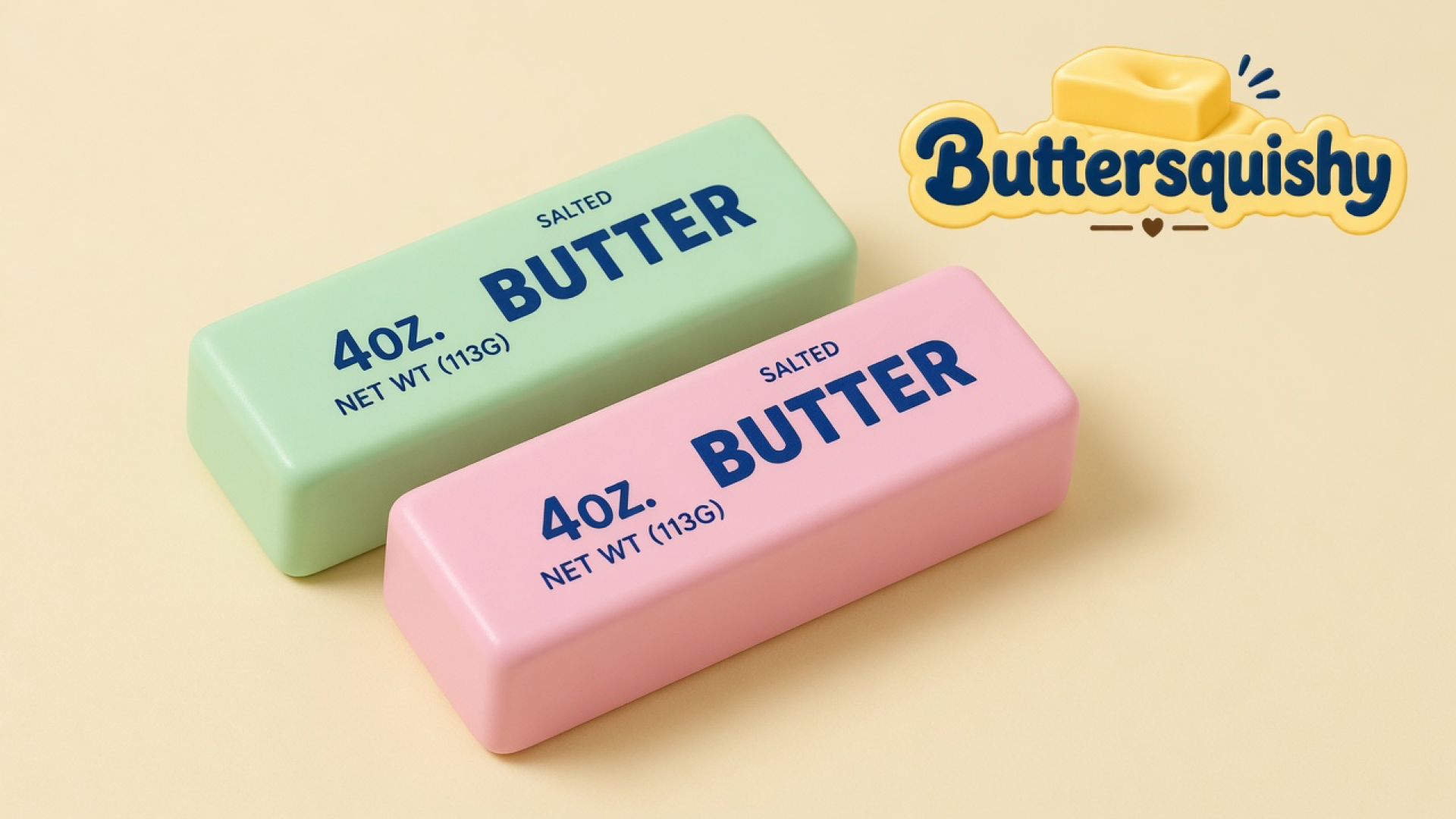 Pale mint-green and pink Mint Berry Crunch Butter sticks printed 4OZ SALTED BUTTER on a light-yellow cream studio, with the Buttersquishy logo in the upper right