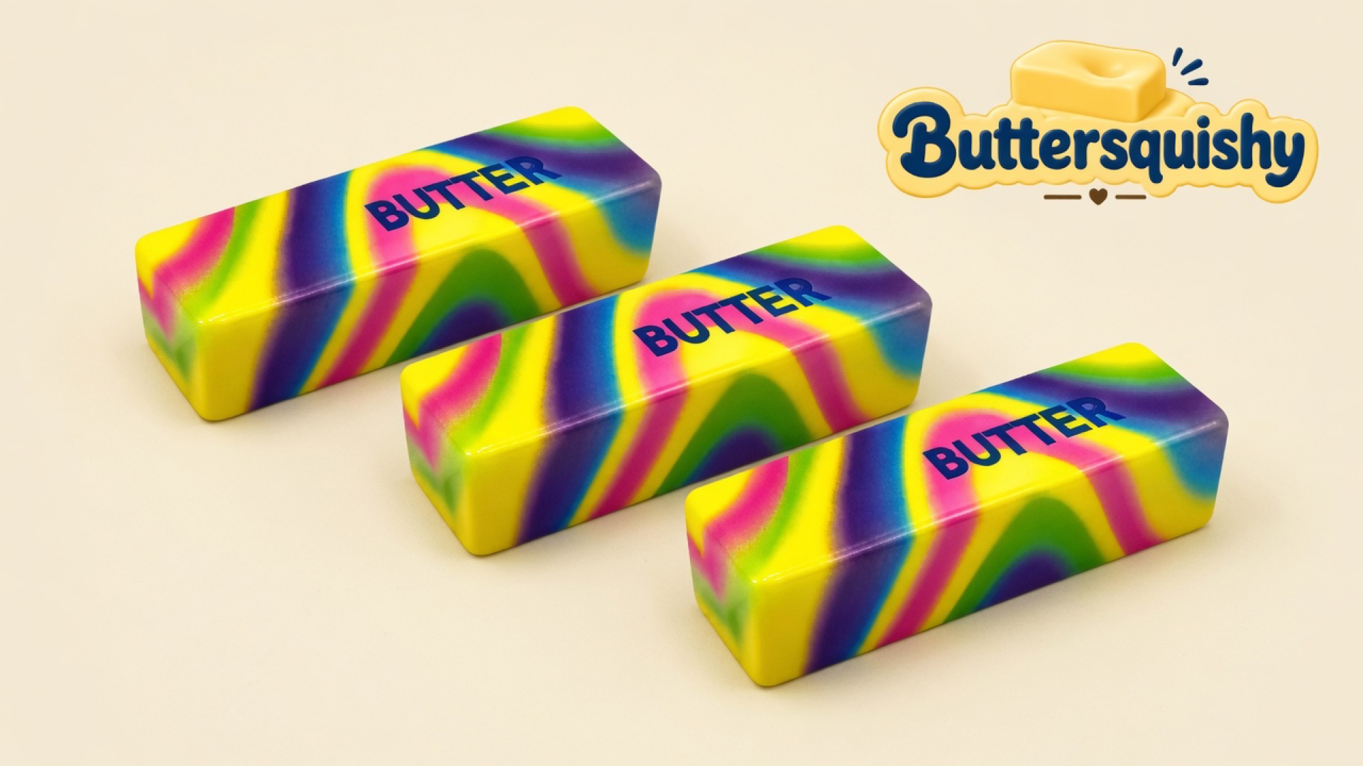 Three neon yellow-magenta-violet swirl butter sticks printed BUTTER on a light-yellow cream studio, Buttersquishy logo once at the upper right
