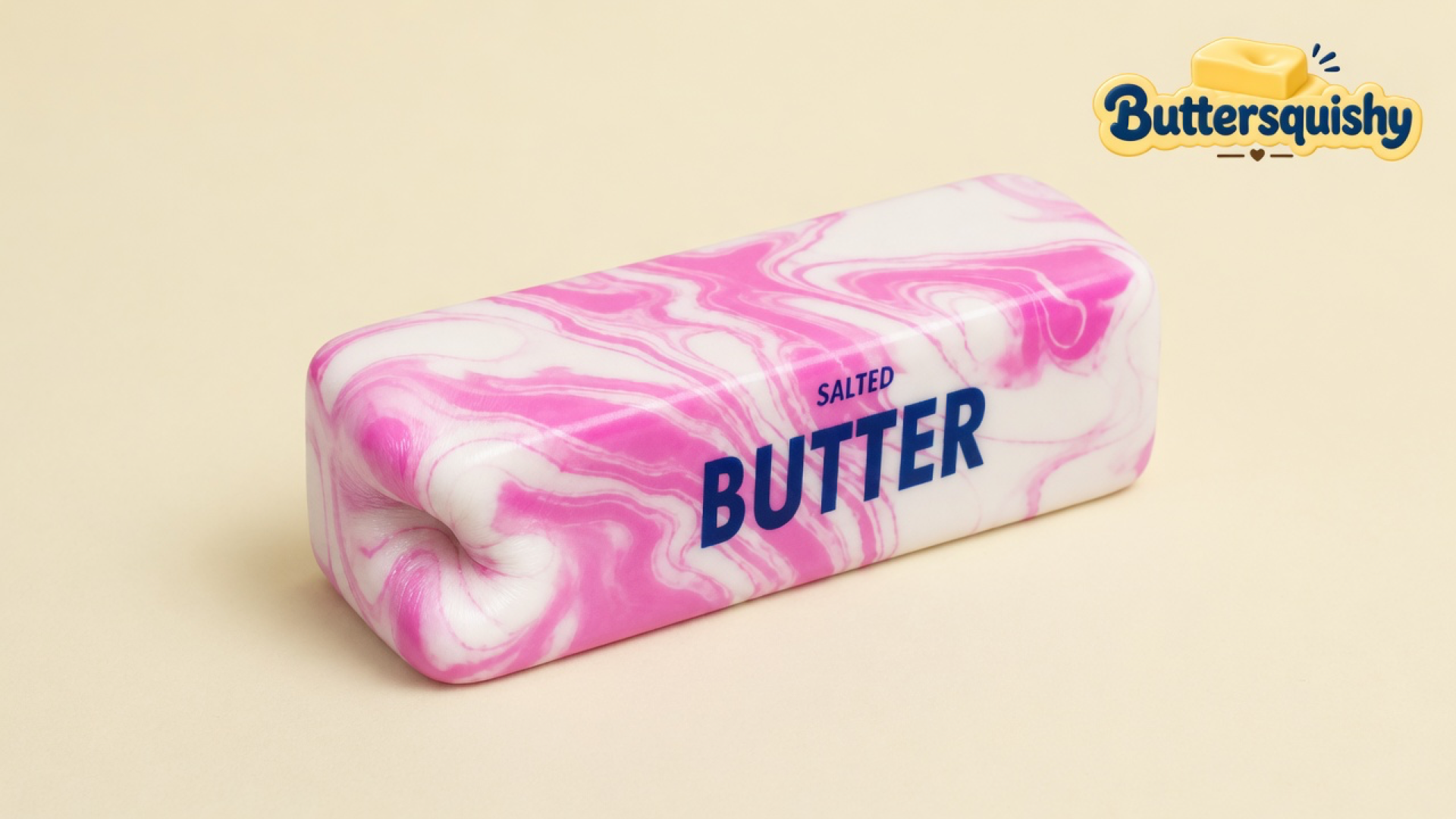 One pink-and-white marble butter stick printed SALTED BUTTER on a light-yellow cream studio, Buttersquishy logo once at the upper right